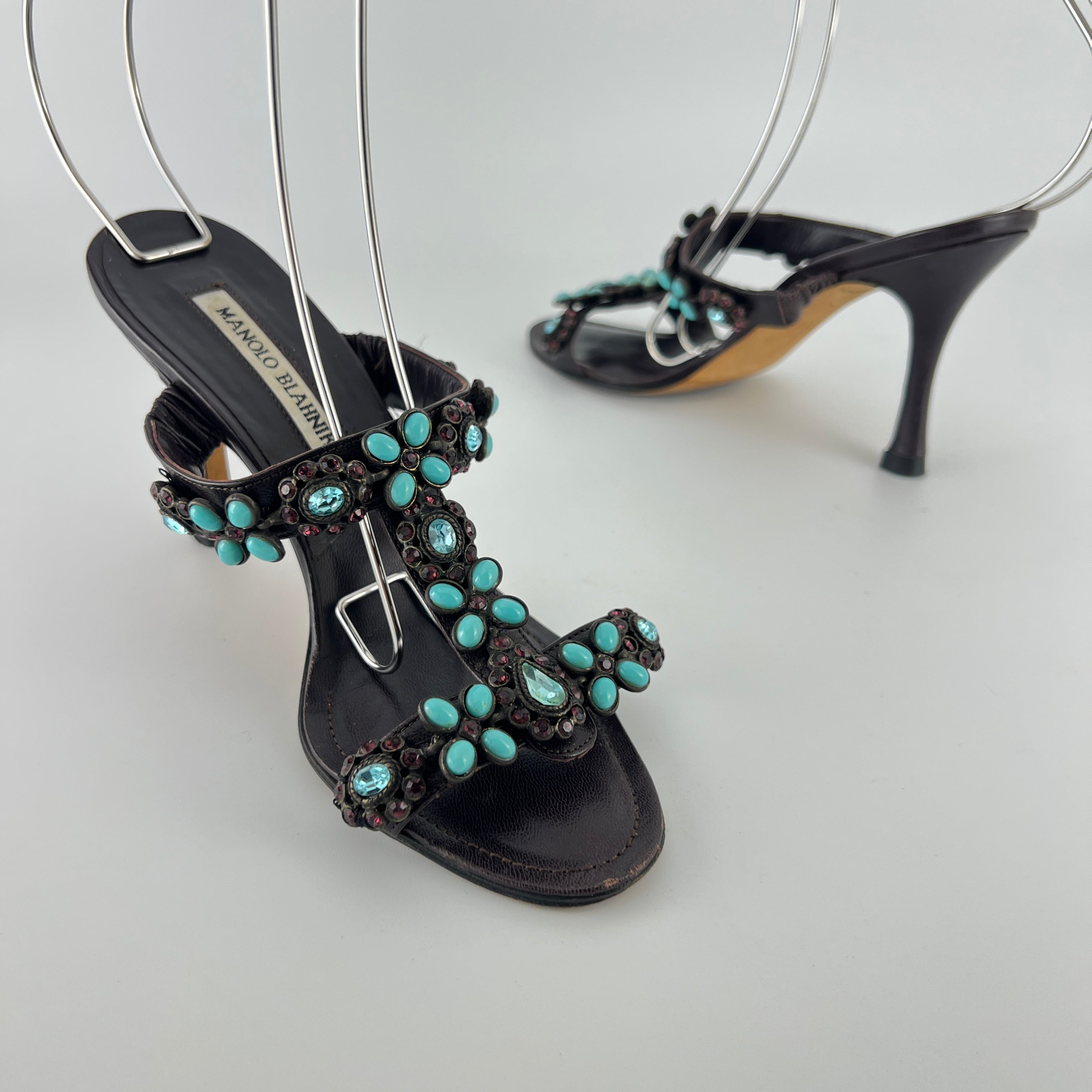 Manolo Blahnik | Vintage Turquoise Blue Pink Gem Brown Leather Slide Mules (36.5)