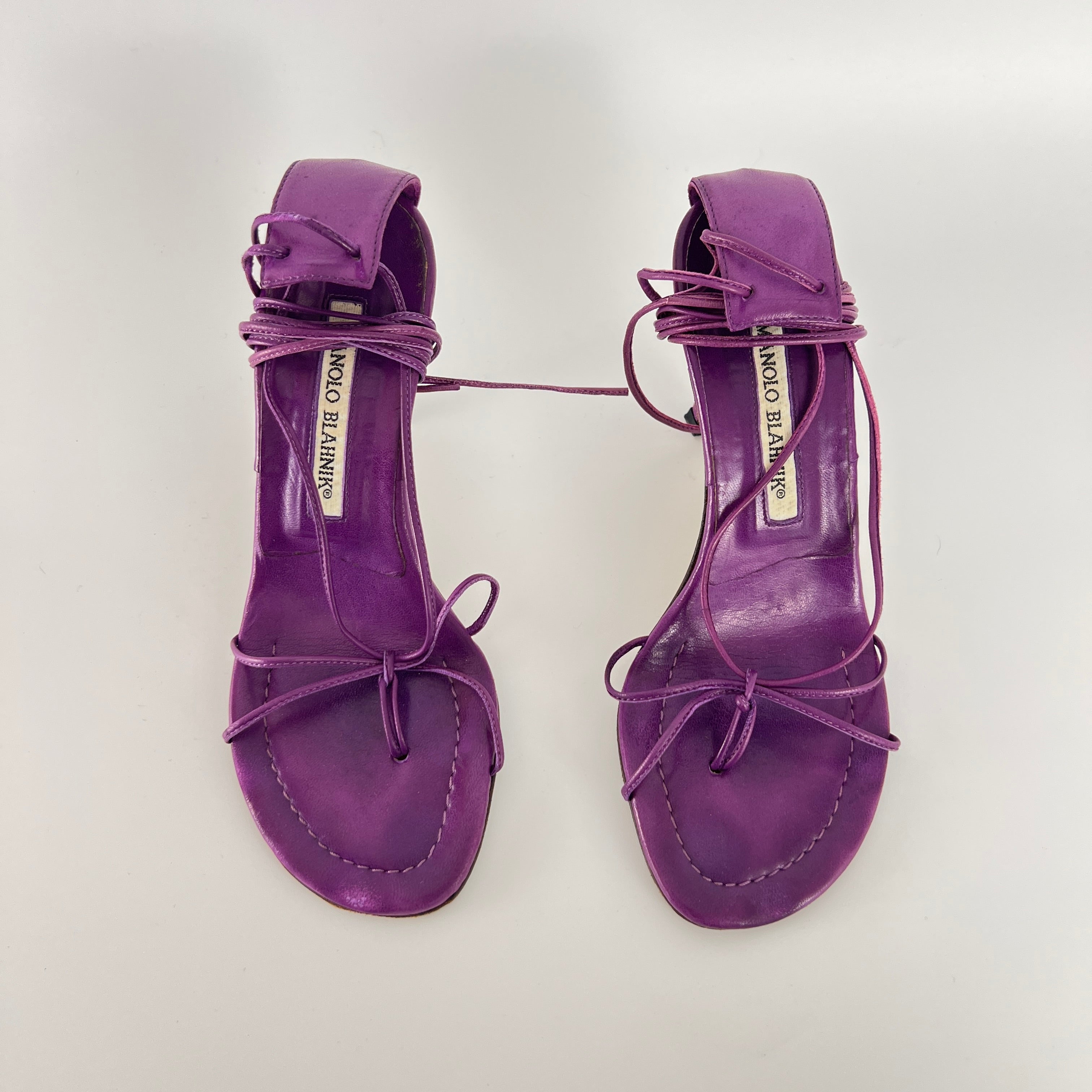 Manolo Blahnik | Purple Leather Thong Heels Strappy Lace Up Ankle Heels (35)