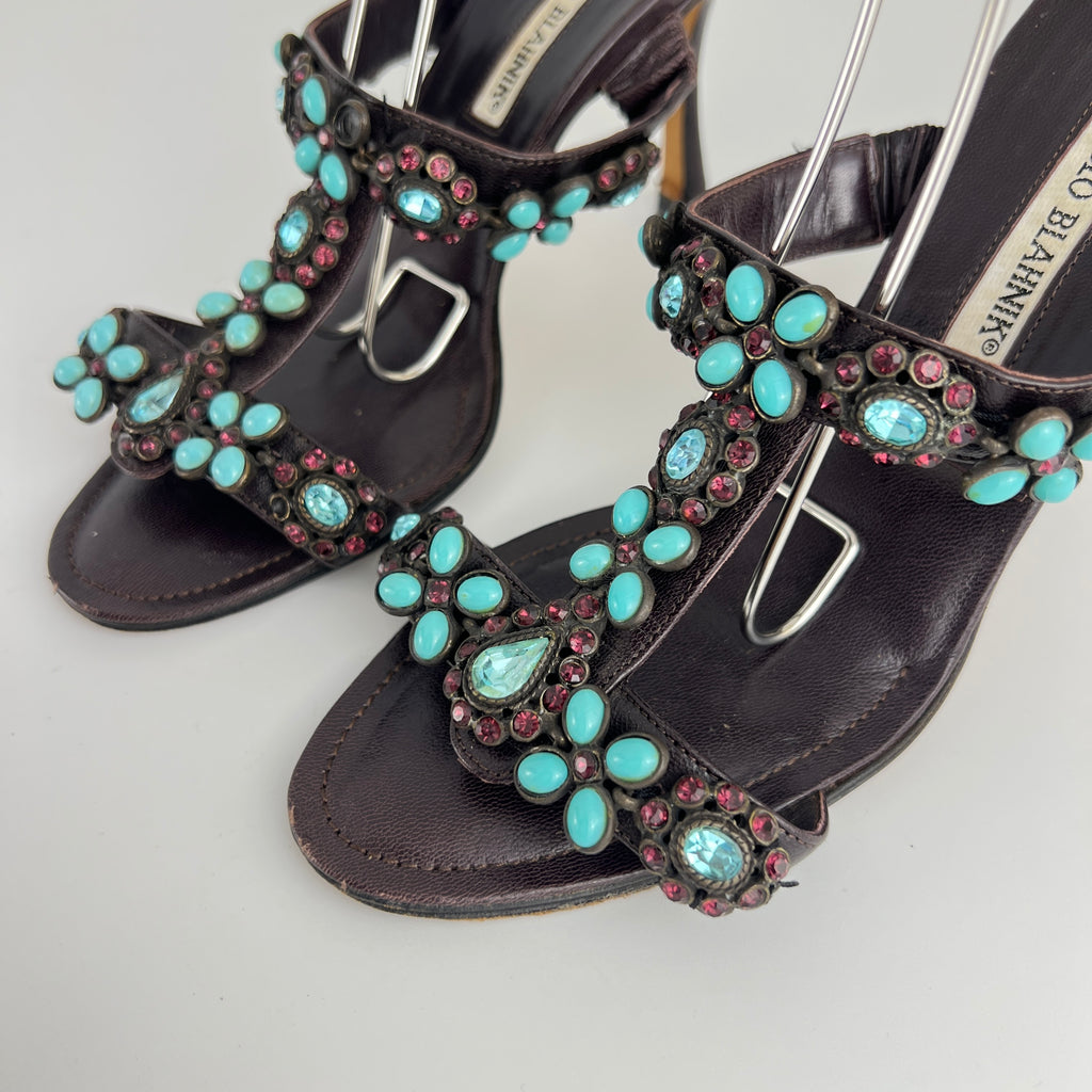 Manolo Blahnik | Vintage Turquoise Blue Pink Gem Brown Leather Slide Mules (36.5)