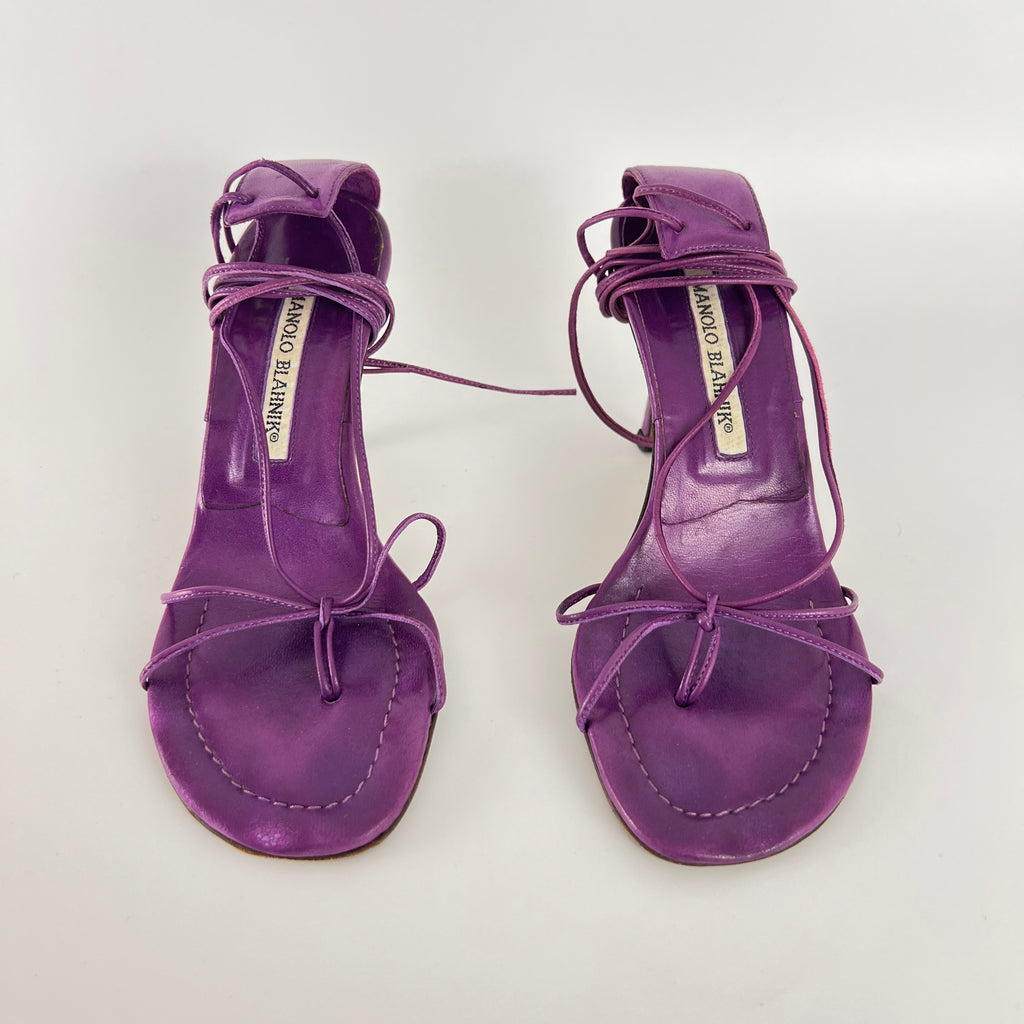 Manolo Blahnik | Purple Leather Thong Heels Strappy Lace Up Ankle Heels (35)