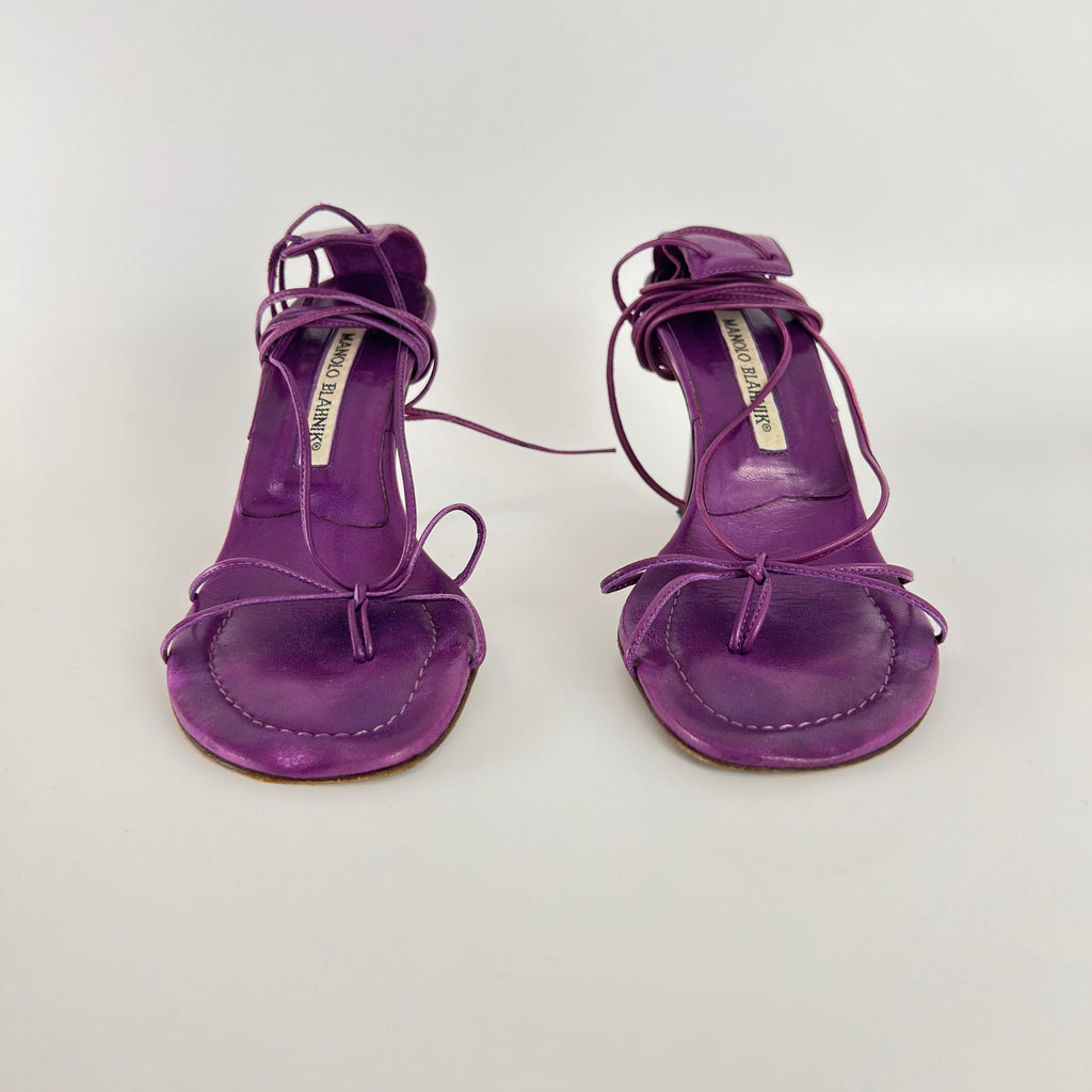 Manolo Blahnik | Purple Leather Thong Heels Strappy Lace Up Ankle Heels (35)