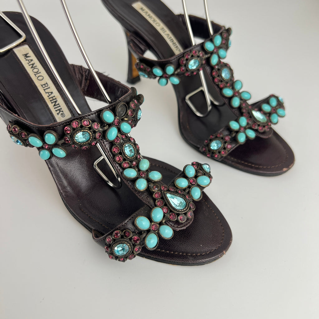 Manolo Blahnik | Vintage Turquoise Blue Pink Gem Brown Leather Slide Mules (36.5)