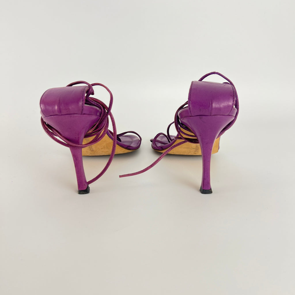 Manolo Blahnik | Purple Leather Thong Heels Strappy Lace Up Ankle Heels (35)