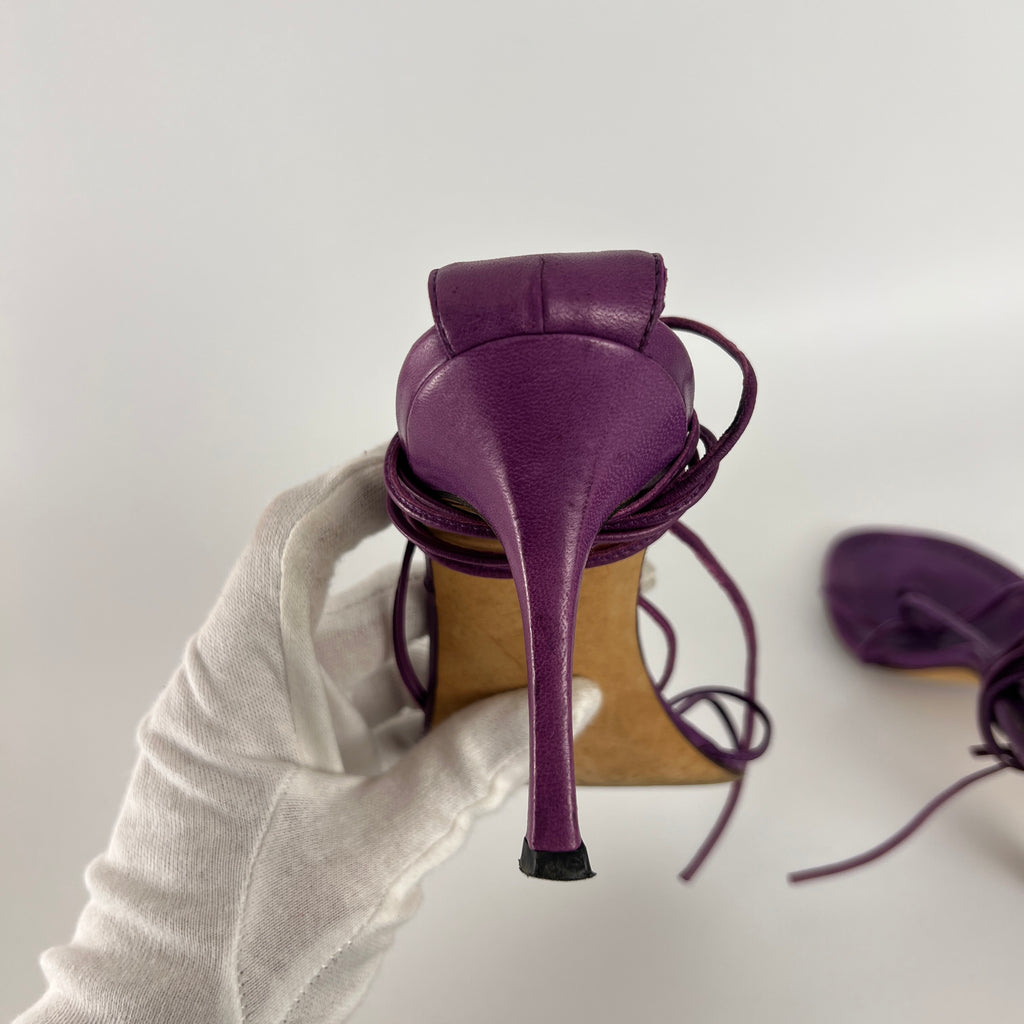 Manolo Blahnik | Purple Leather Thong Heels Strappy Lace Up Ankle Heels (35)