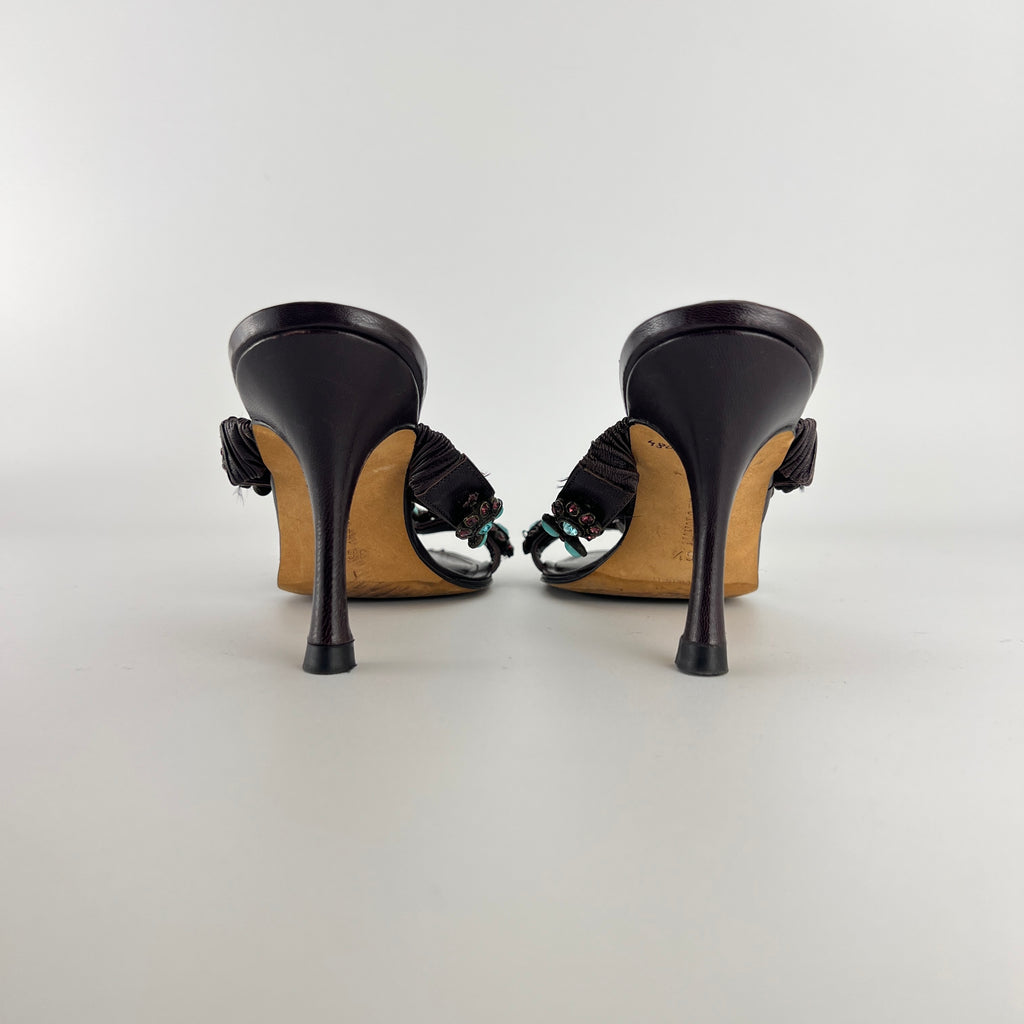 Manolo Blahnik | Vintage Turquoise Blue Pink Gem Brown Leather Slide Mules (36.5)