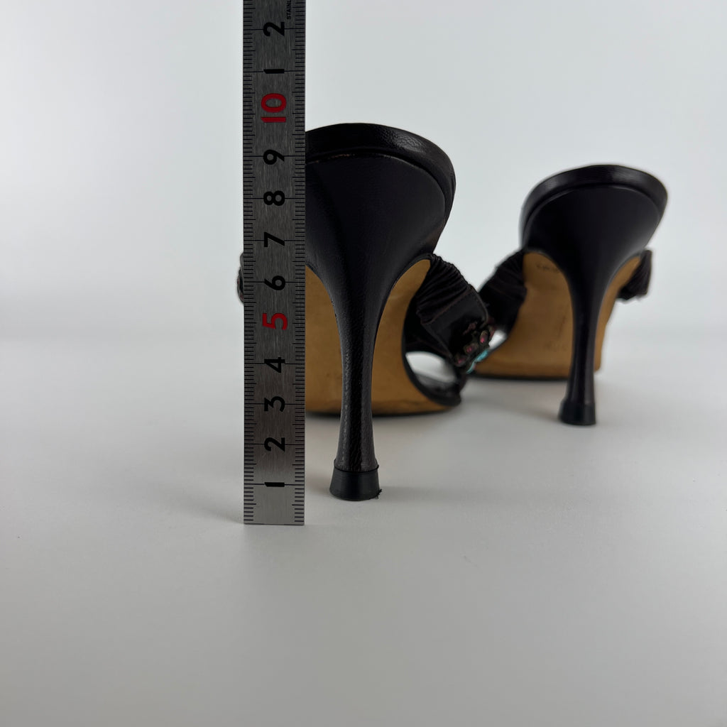 Manolo Blahnik | Vintage Turquoise Blue Pink Gem Brown Leather Slide Mules (36.5)