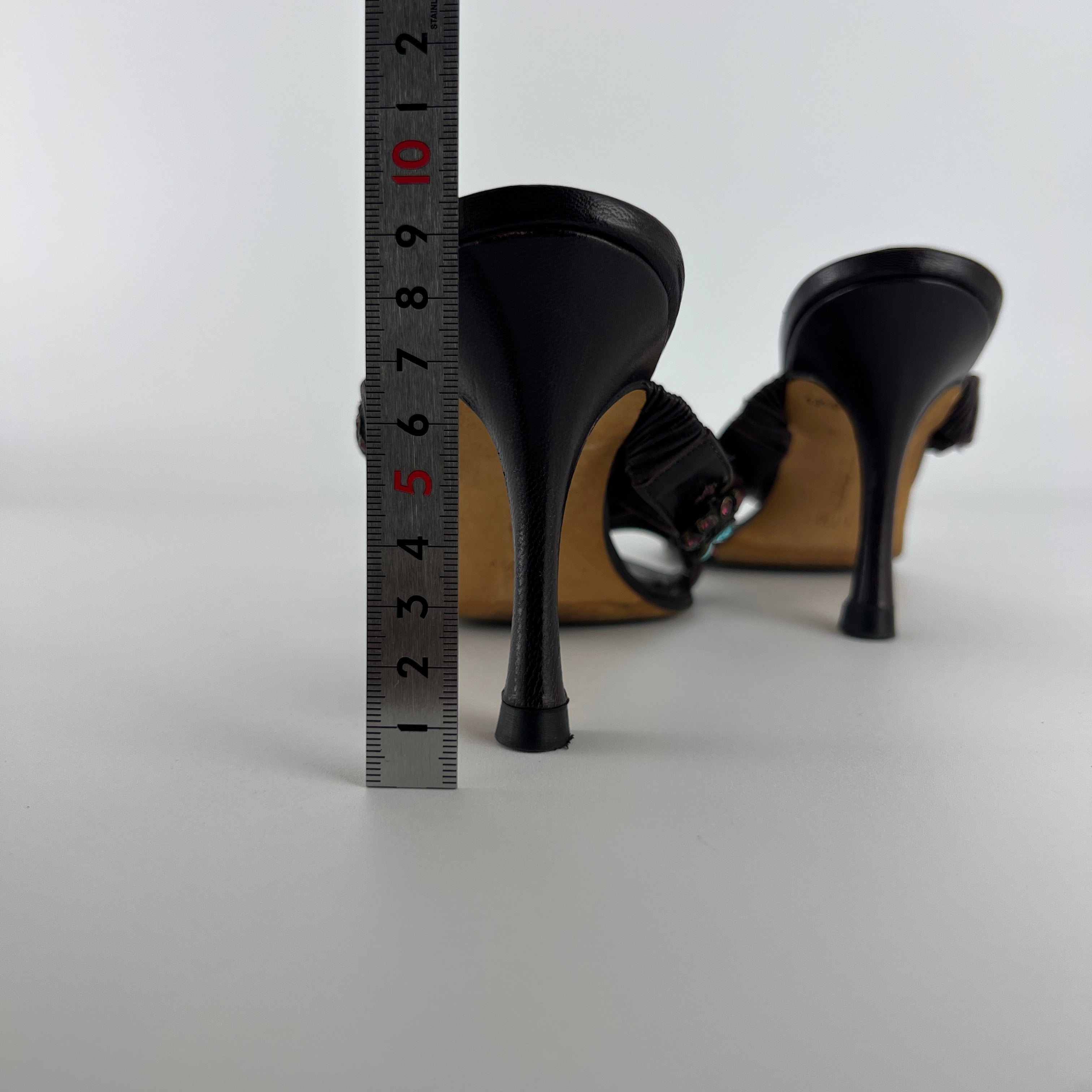 Manolo Blahnik | Vintage Turquoise Blue Pink Gem Brown Leather Slide Mules (36.5)