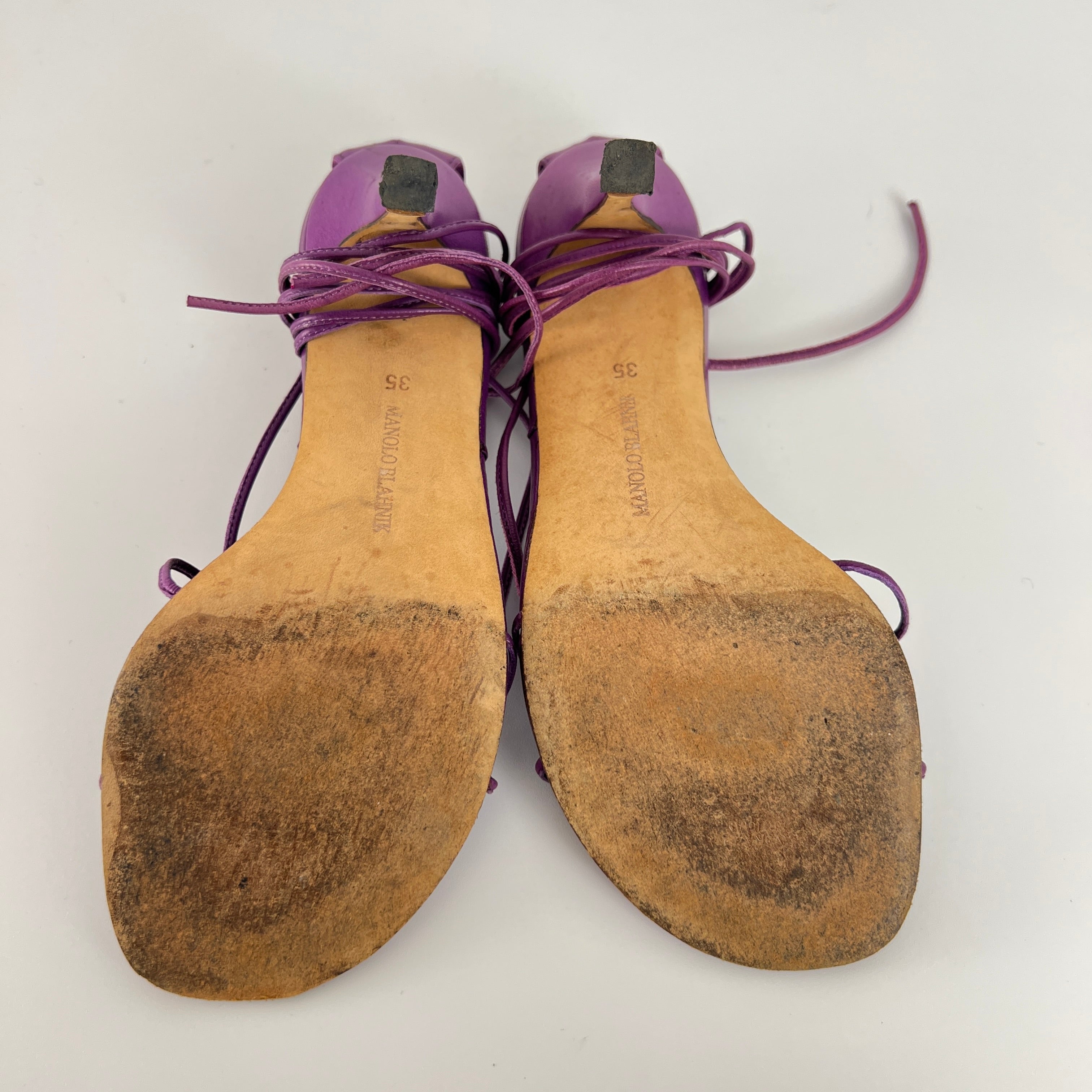 Manolo Blahnik | Purple Leather Thong Heels Strappy Lace Up Ankle Heels (35)