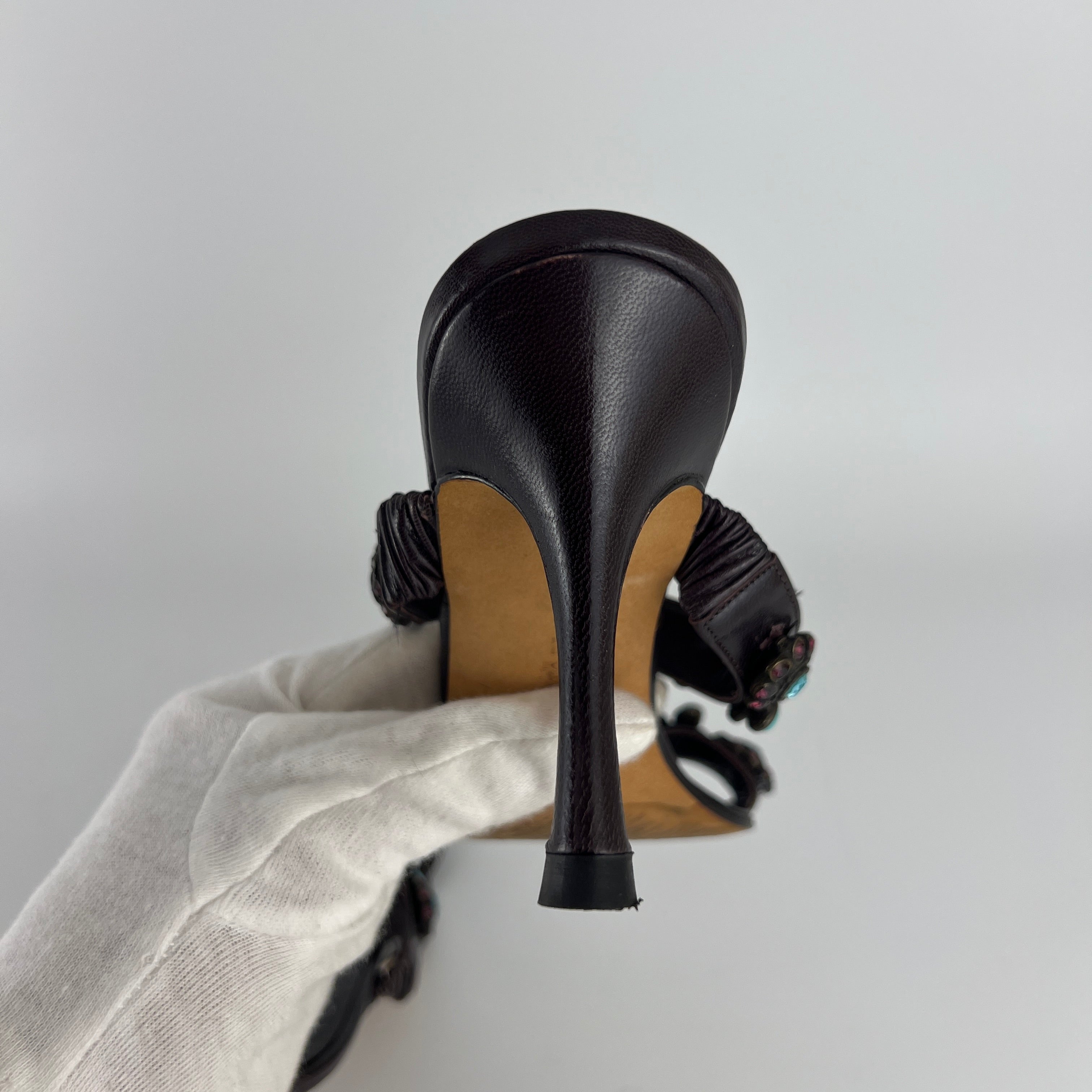 Manolo Blahnik | Vintage Turquoise Blue Pink Gem Brown Leather Slide Mules (36.5)