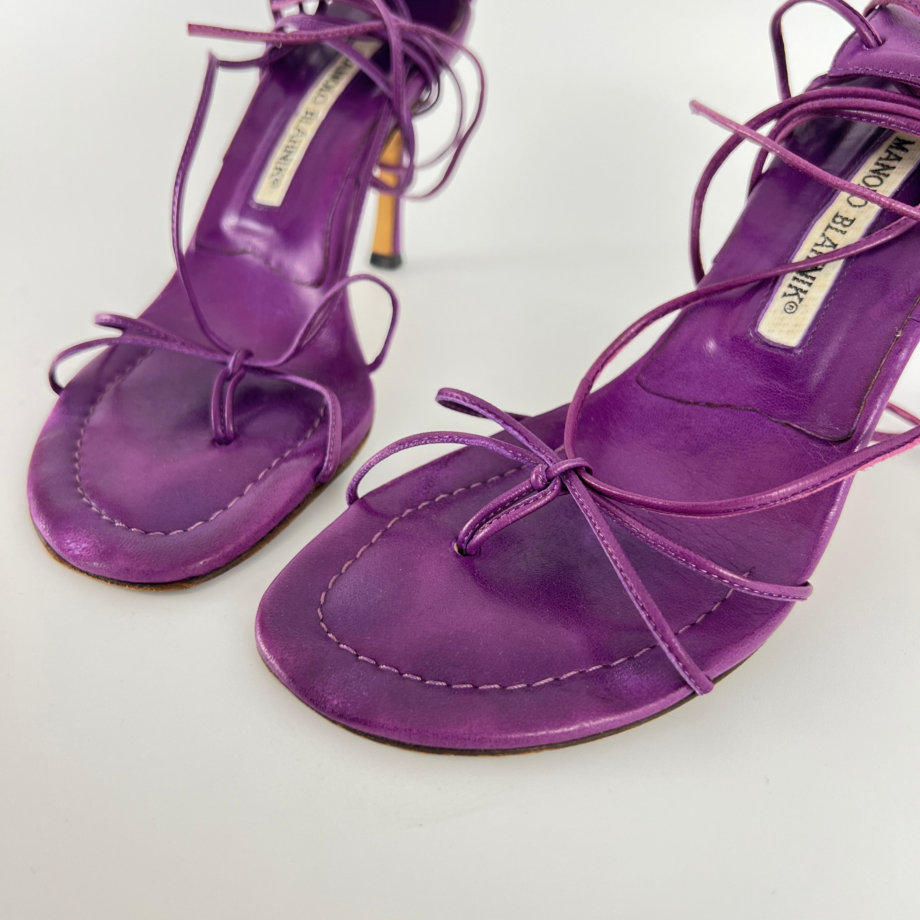 Manolo Blahnik | Purple Leather Thong Heels Strappy Lace Up Ankle Heels (35)