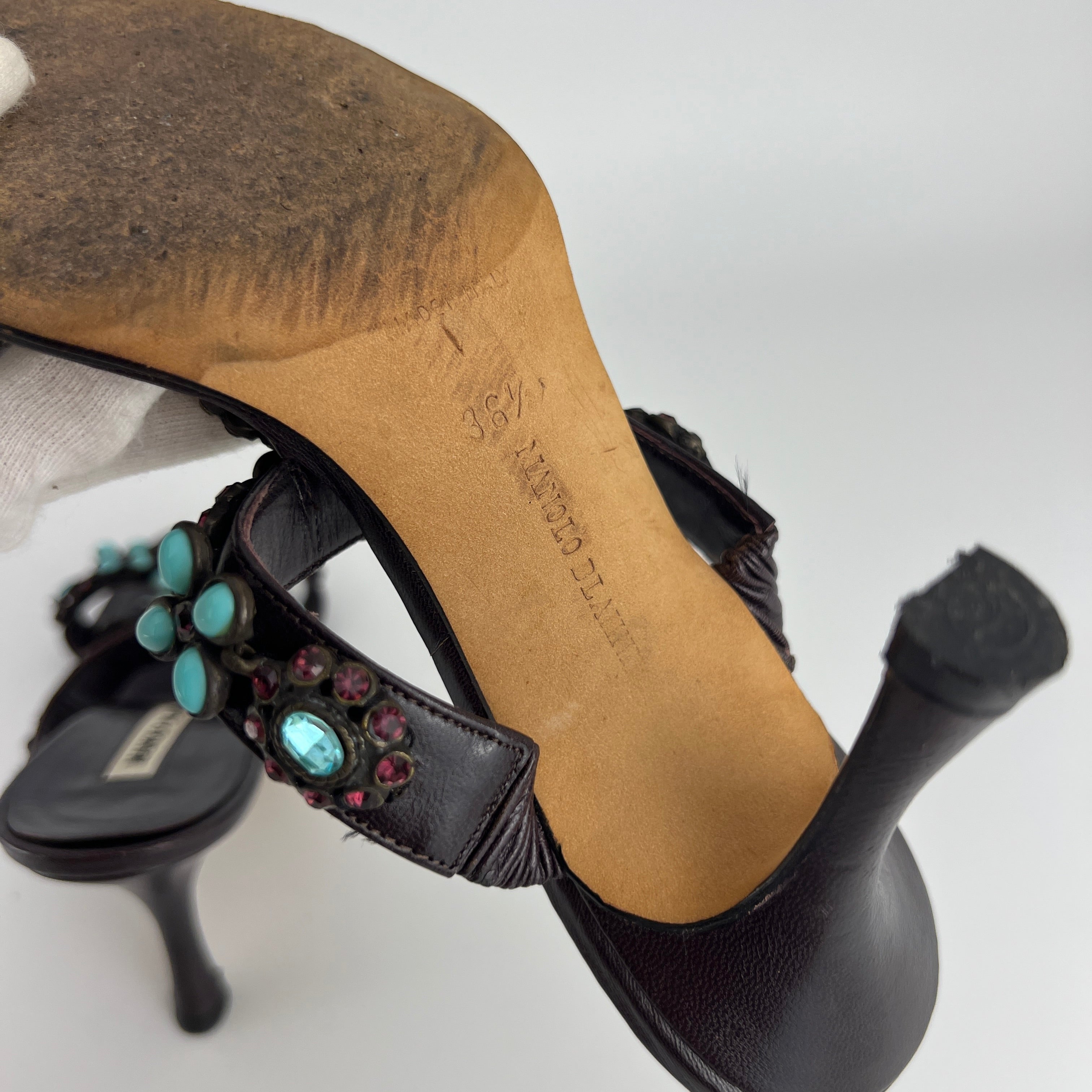 Manolo Blahnik | Vintage Turquoise Blue Pink Gem Brown Leather Slide Mules (36.5)