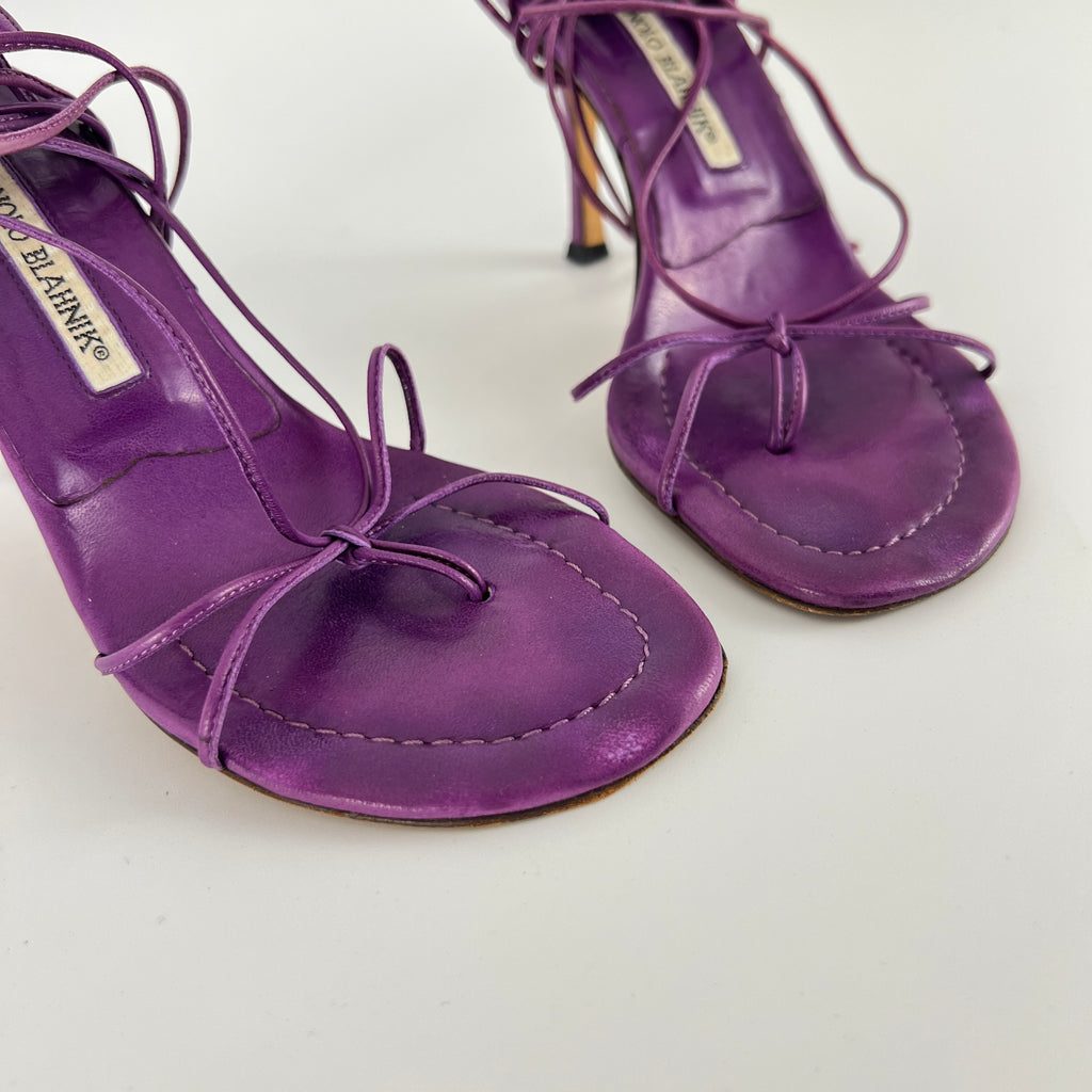 Manolo Blahnik | Purple Leather Thong Heels Strappy Lace Up Ankle Heels (35)
