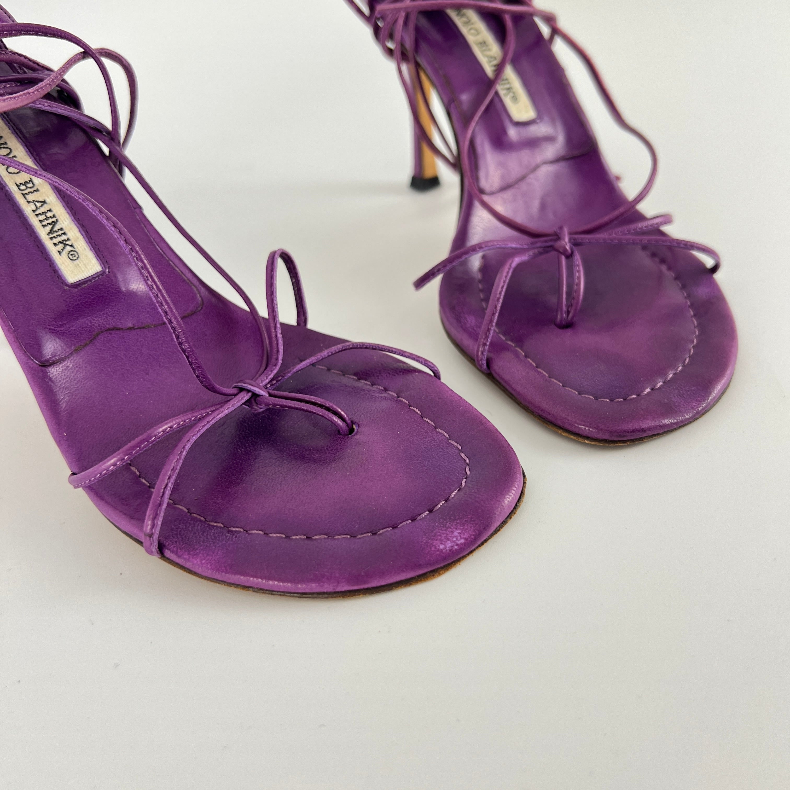 Manolo Blahnik | Purple Leather Thong Heels Strappy Lace Up Ankle Heels (35)