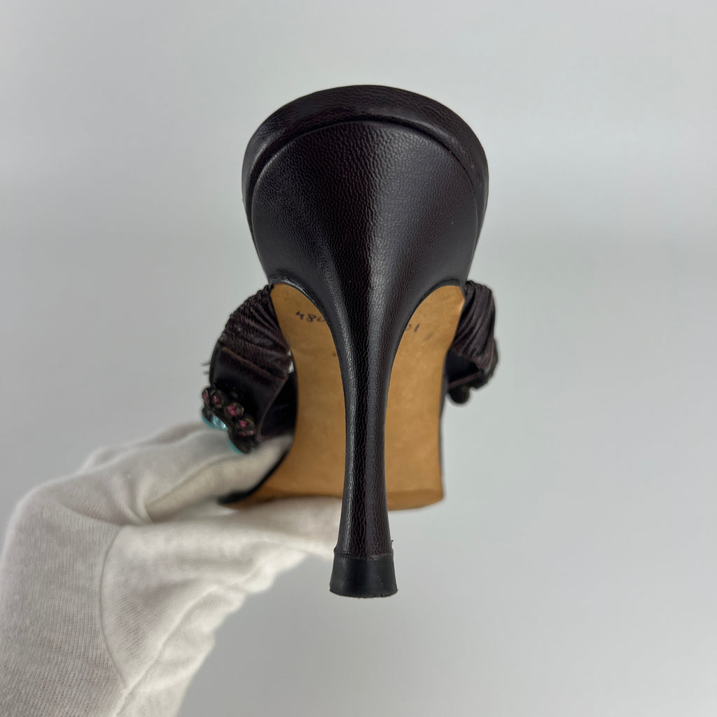 Manolo Blahnik | Vintage Turquoise Blue Pink Gem Brown Leather Slide Mules (36.5)
