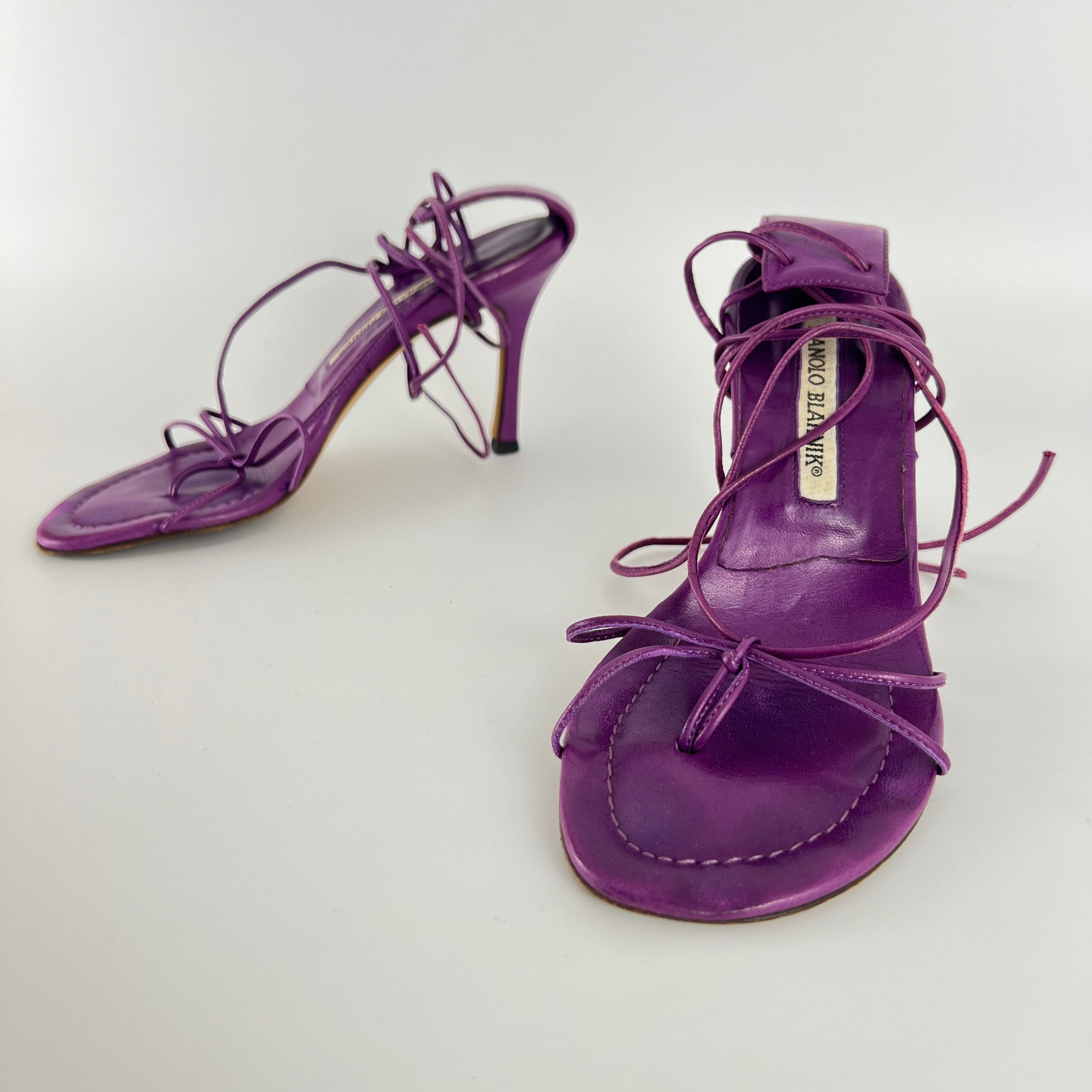 Manolo Blahnik | Purple Leather Thong Heels Strappy Lace Up Ankle Heels (35)