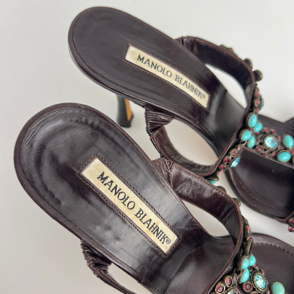 Manolo Blahnik | Vintage Turquoise Blue Pink Gem Brown Leather Slide Mules (36.5)