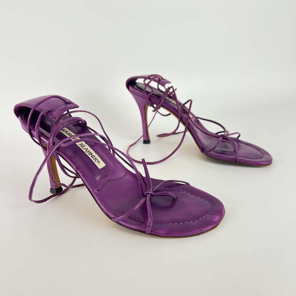 Manolo Blahnik | Purple Leather Thong Heels Strappy Lace Up Ankle Heels (35)