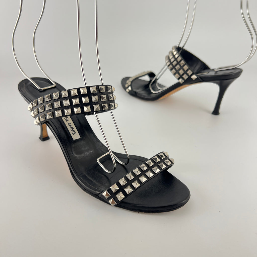 Manolo Blahnik | Vintage Black Leather Silver Stud Double Strap Slide Mules (37.5)
