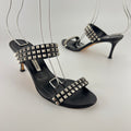 Manolo Blahnik | Vintage Black Leather Silver Stud Double Strap Slide Mules (37.5)