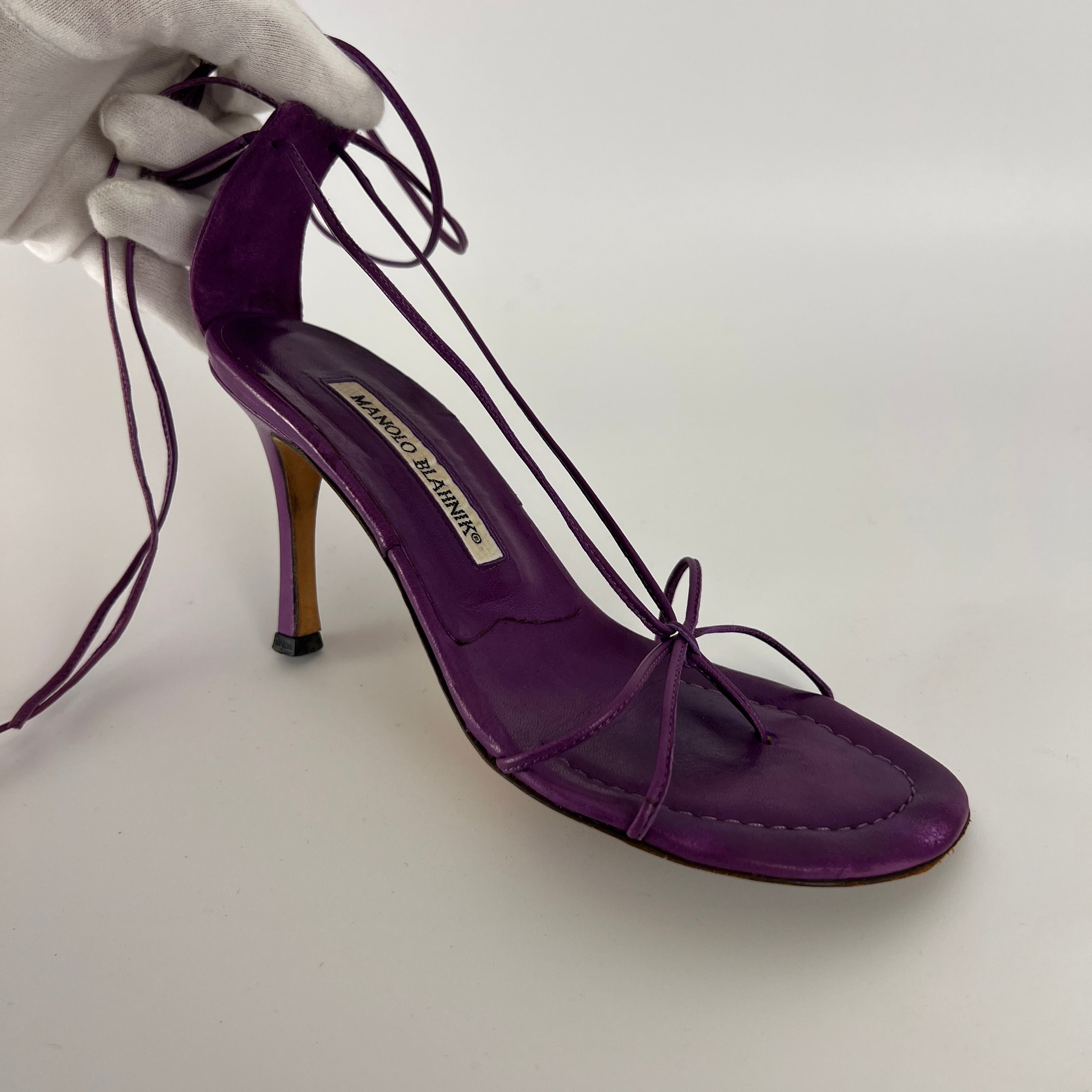Manolo Blahnik | Purple Leather Thong Heels Strappy Lace Up Ankle Heels (35)
