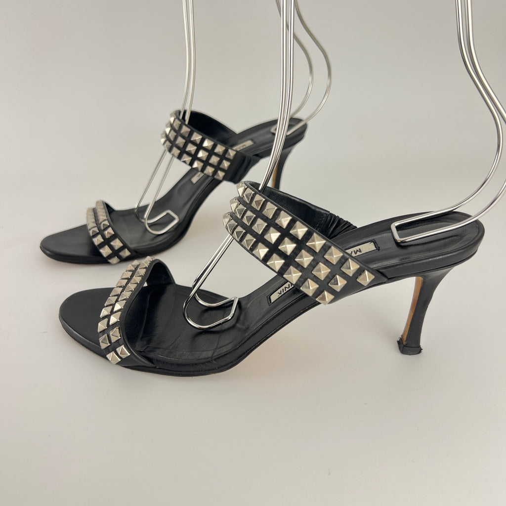 Manolo Blahnik | Vintage Black Leather Silver Stud Double Strap Slide Mules (37.5)