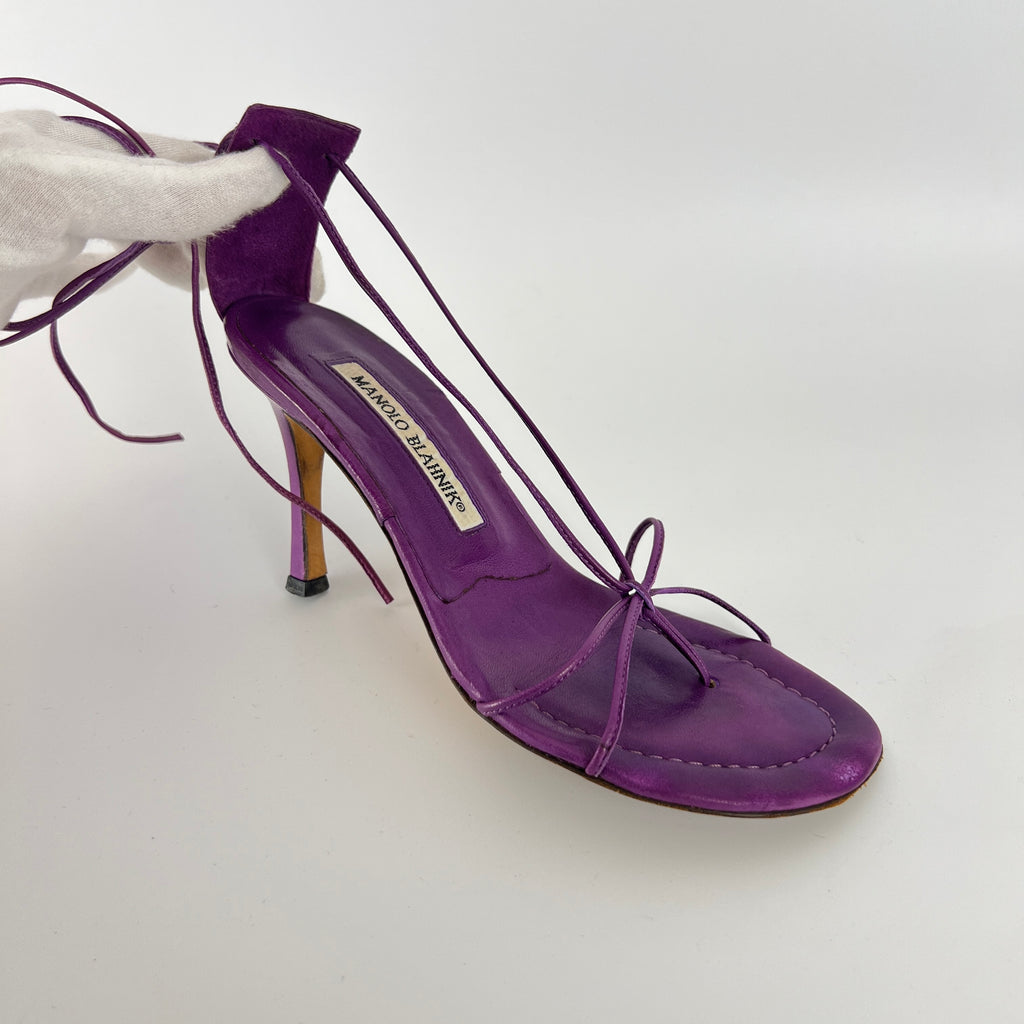Manolo Blahnik | Purple Leather Thong Heels Strappy Lace Up Ankle Heels (35)