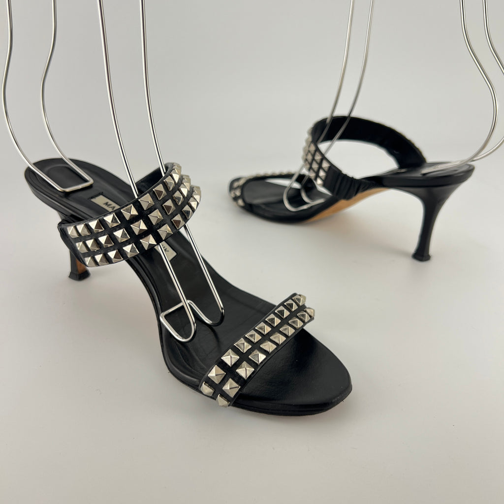 Manolo Blahnik | Vintage Black Leather Silver Stud Double Strap Slide Mules (37.5)