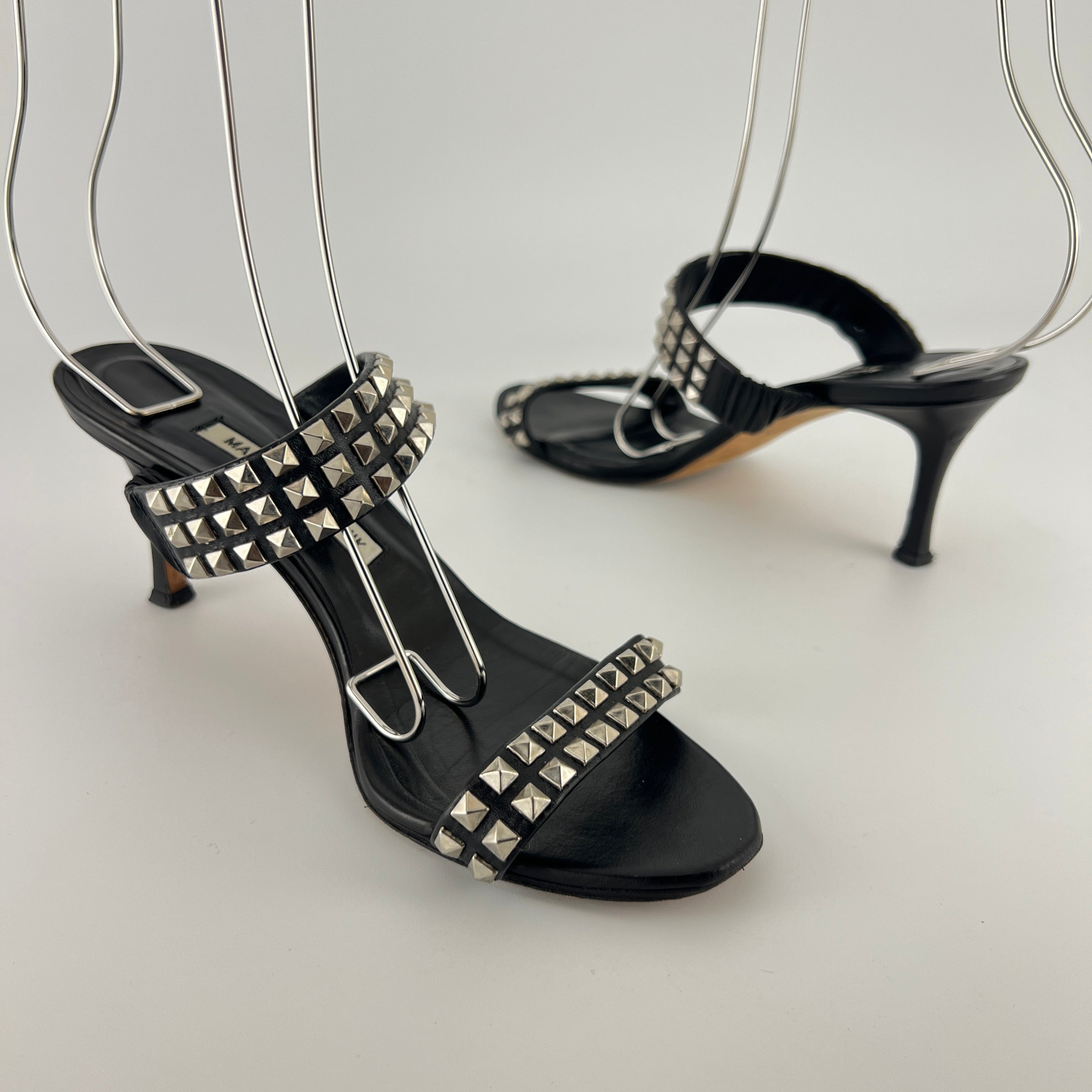 Manolo Blahnik | Vintage Black Leather Silver Stud Double Strap Slide Mules (37.5)