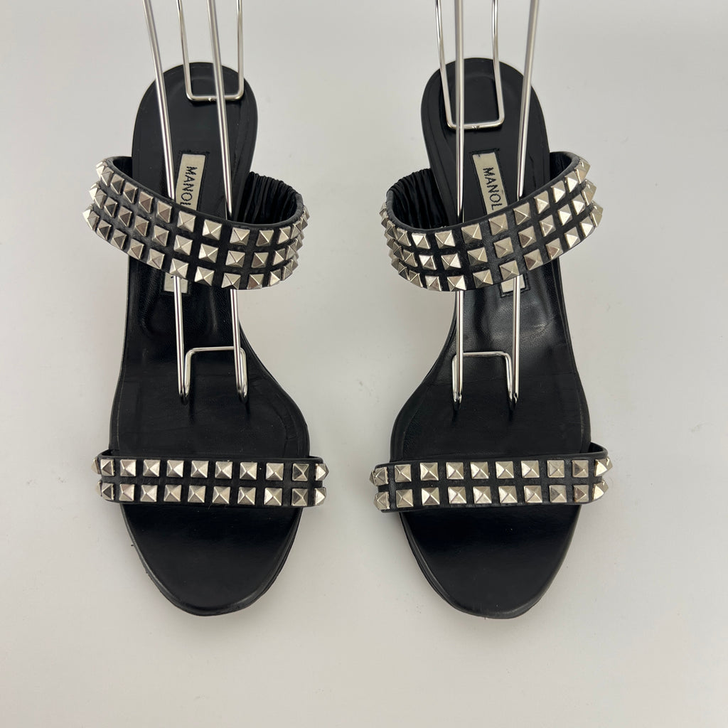 Manolo Blahnik | Vintage Black Leather Silver Stud Double Strap Slide Mules (37.5)