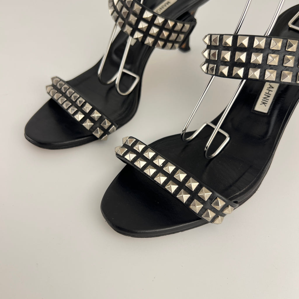 Manolo Blahnik | Vintage Black Leather Silver Stud Double Strap Slide Mules (37.5)