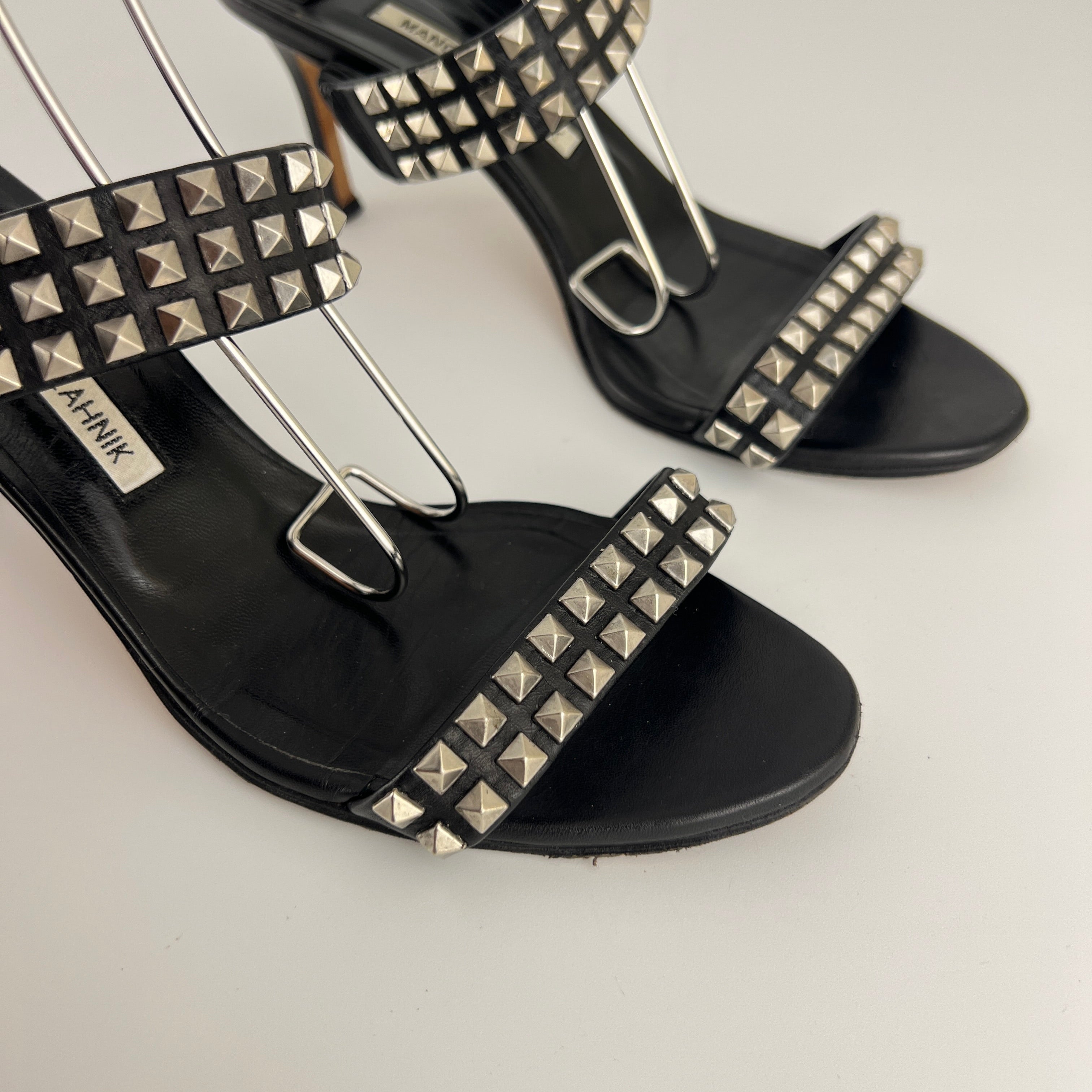 Manolo Blahnik | Vintage Black Leather Silver Stud Double Strap Slide Mules (37.5)