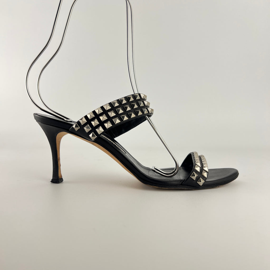 Manolo Blahnik | Vintage Black Leather Silver Stud Double Strap Slide Mules (37.5)