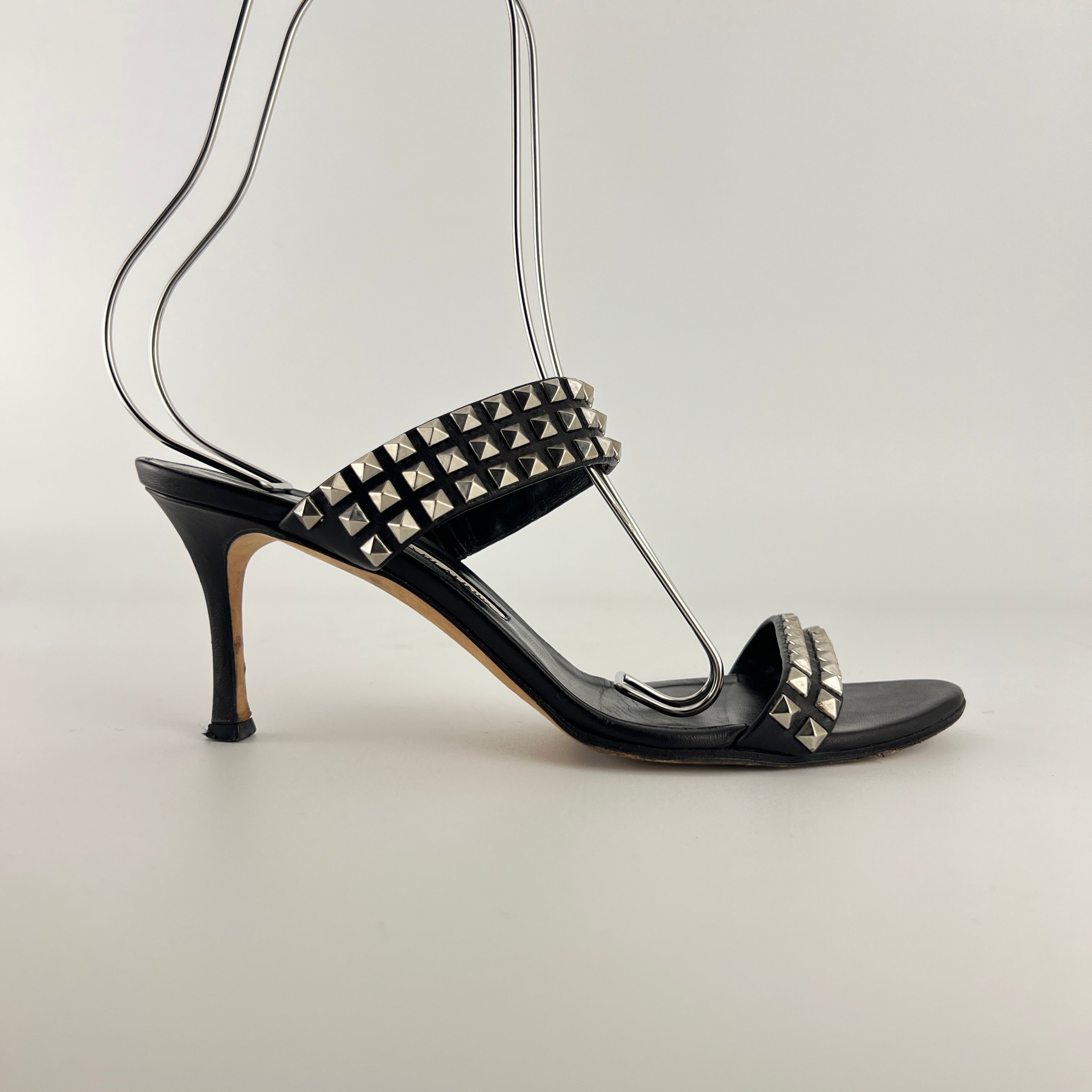 Manolo Blahnik | Vintage Black Leather Silver Stud Double Strap Slide Mules (37.5)