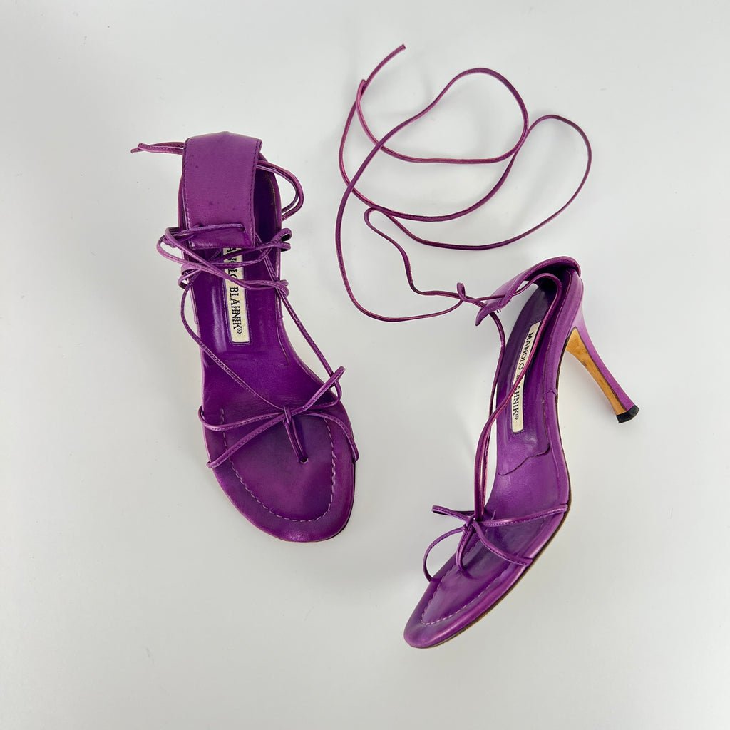 Manolo Blahnik | Purple Leather Thong Heels Strappy Lace Up Ankle Heels (35)