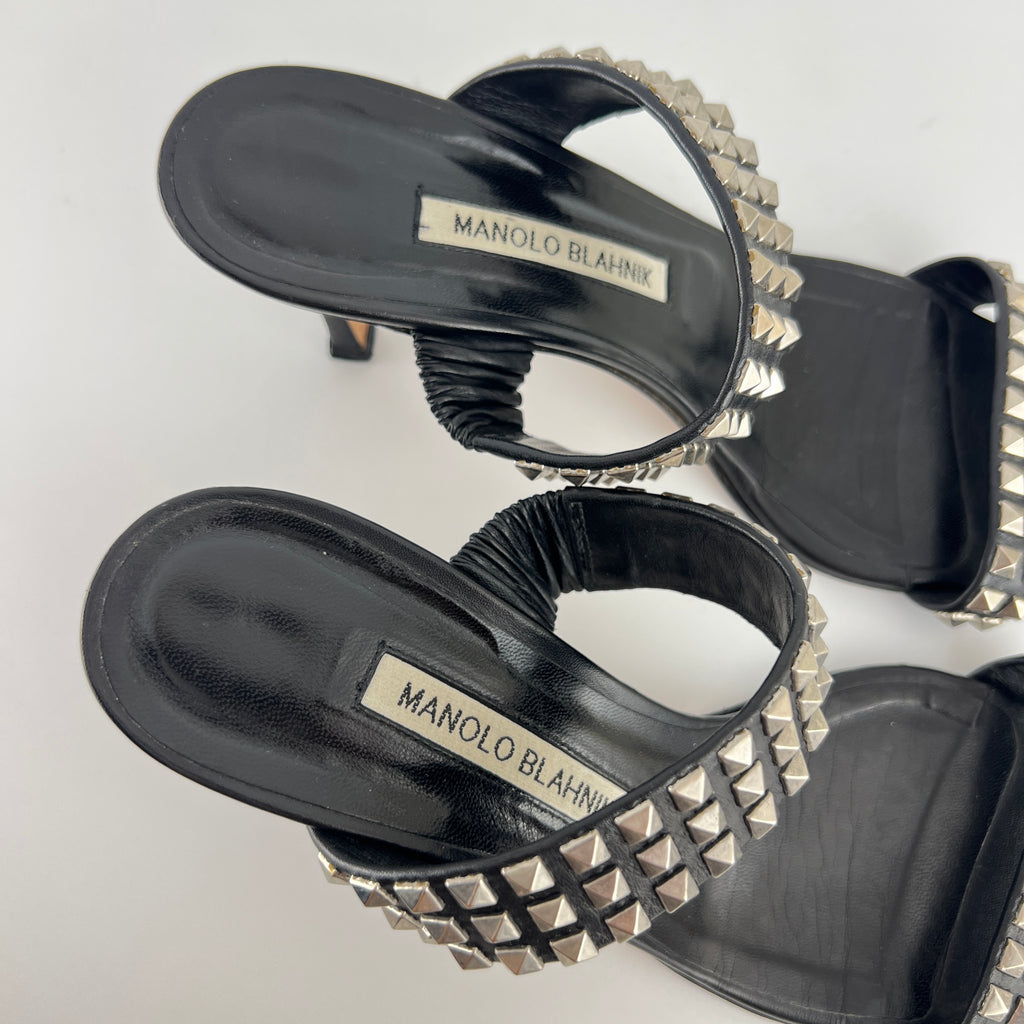 Manolo Blahnik | Vintage Black Leather Silver Stud Double Strap Slide Mules (37.5)