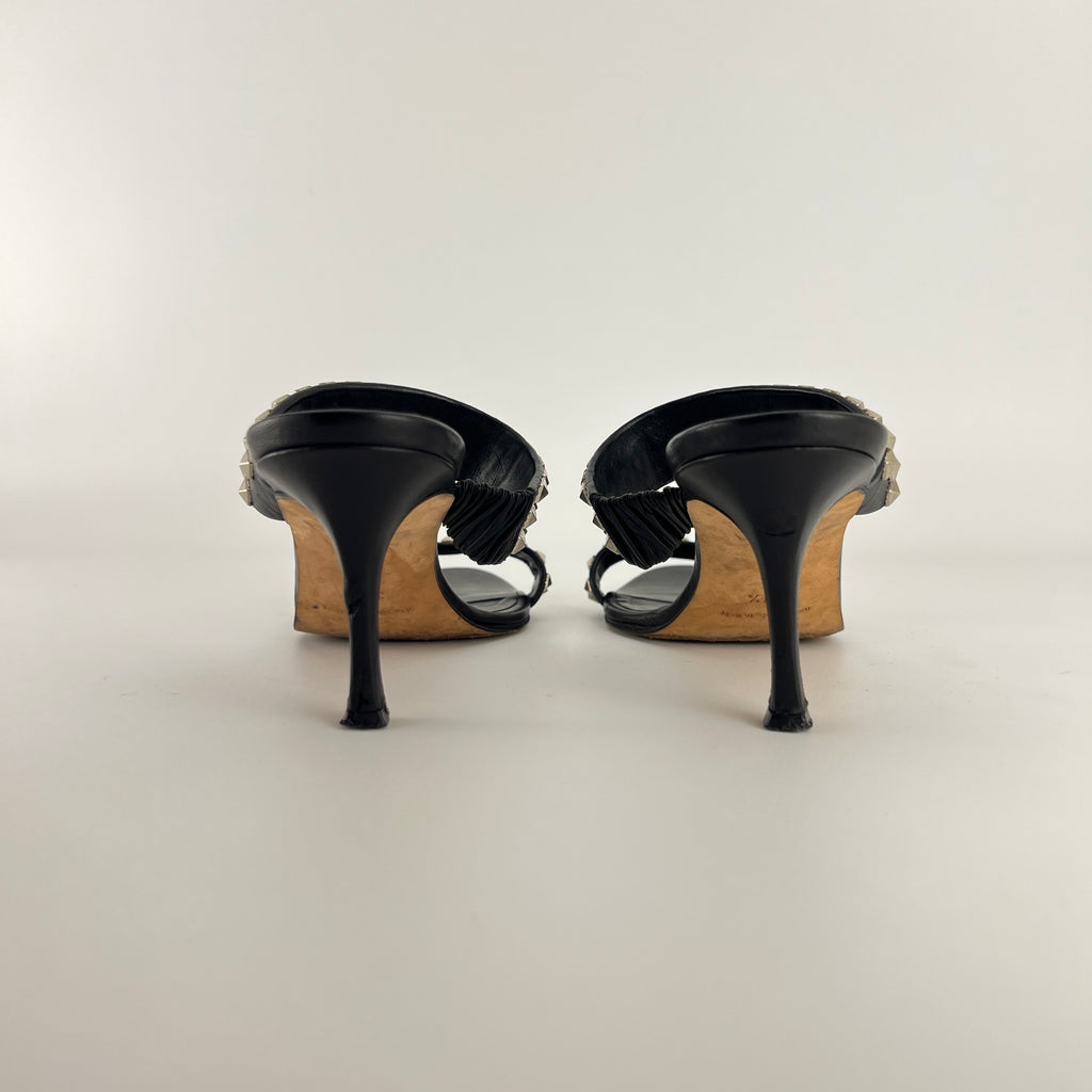 Manolo Blahnik | Vintage Black Leather Silver Stud Double Strap Slide Mules (37.5)