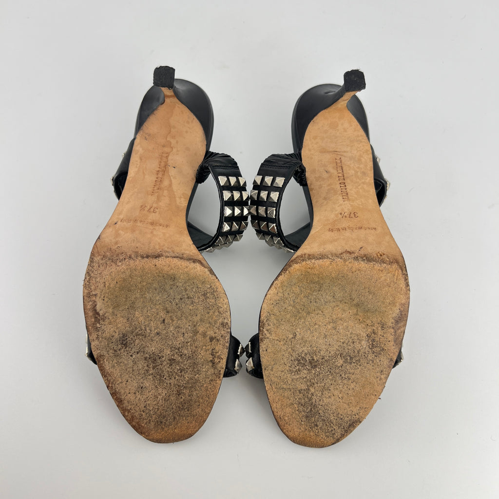 Manolo Blahnik | Vintage Black Leather Silver Stud Double Strap Slide Mules (37.5)