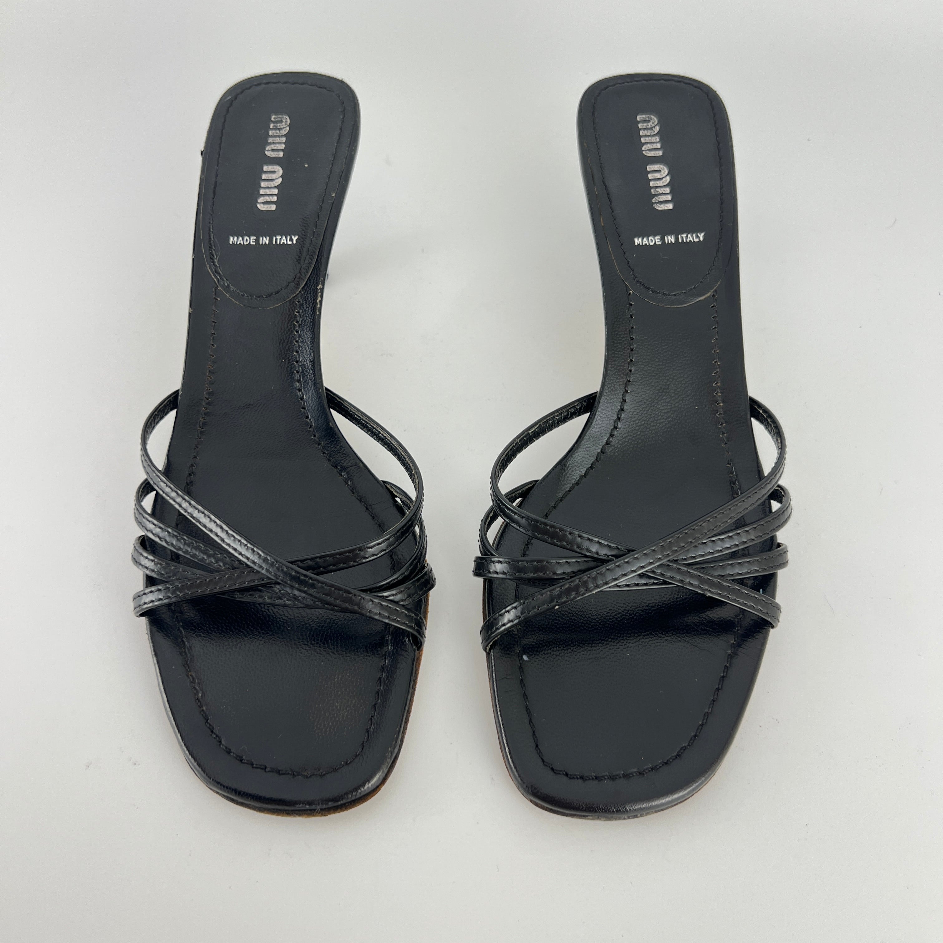 Miu Miu | Black Leather Cross Strap Kitten Heel Slide Mules (38)
