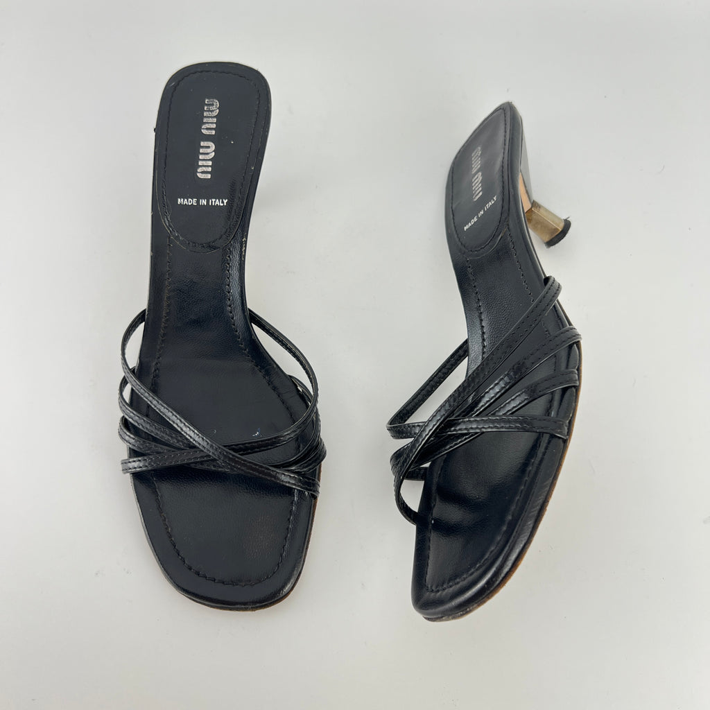Miu Miu | Black Leather Cross Strap Kitten Heel Slide Mules (38)