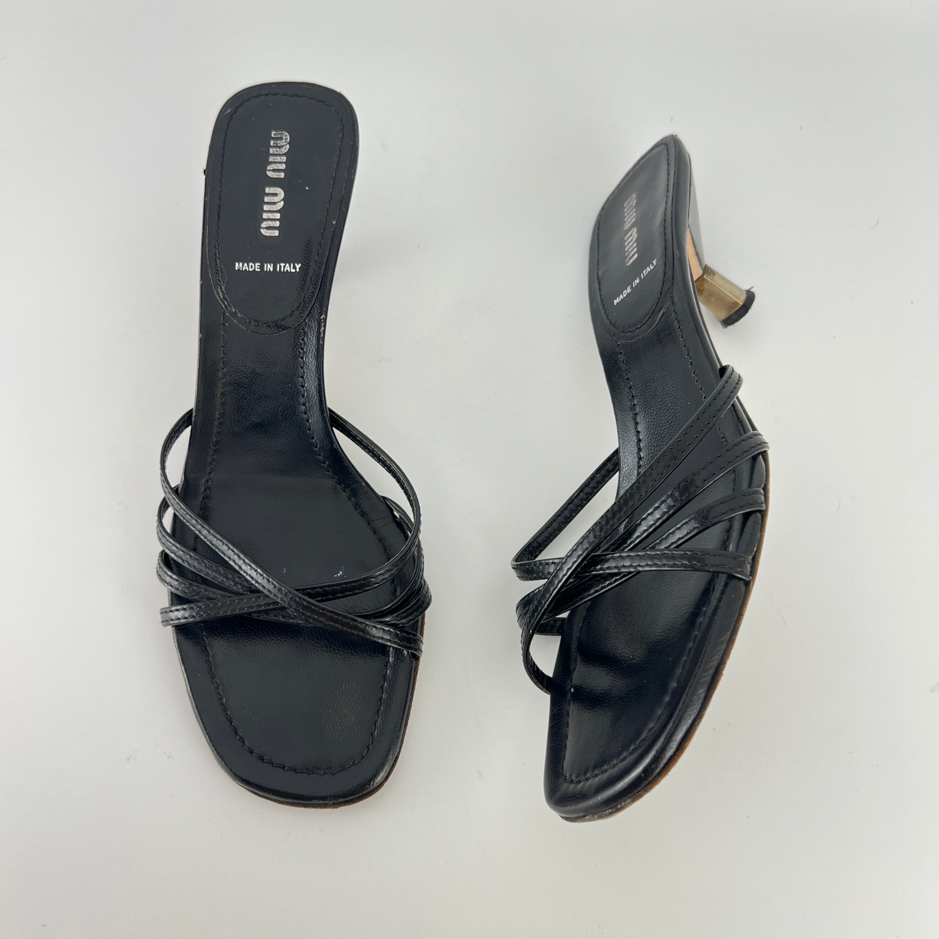 Miu Miu | Black Leather Cross Strap Kitten Heel Slide Mules (38)