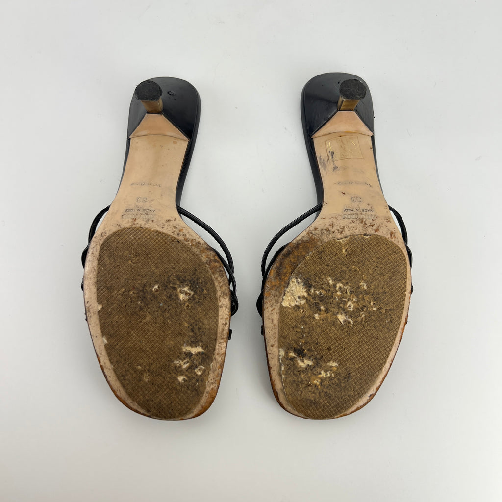 Miu Miu | Black Leather Cross Strap Kitten Heel Slide Mules (38)