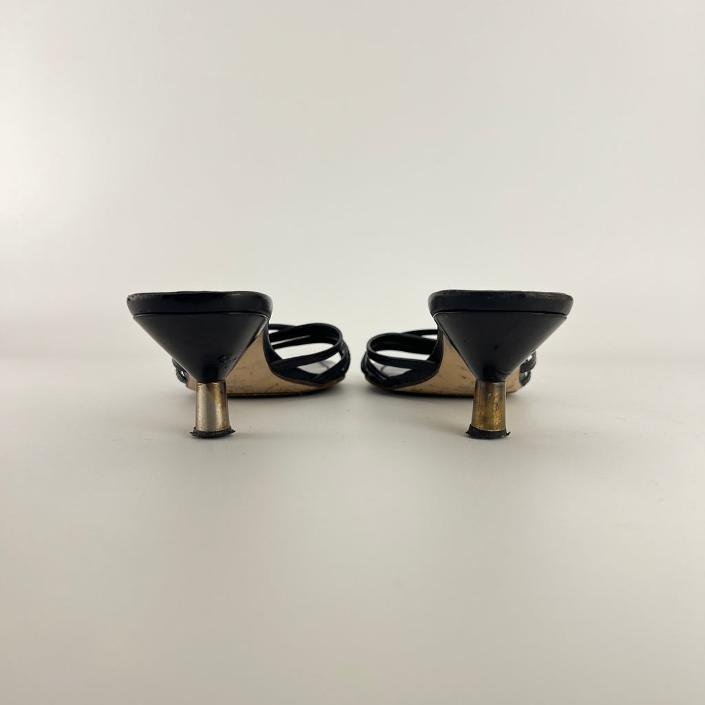 Miu Miu | Black Leather Cross Strap Kitten Heel Slide Mules (38)
