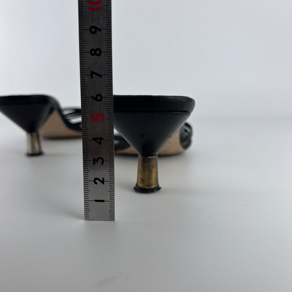 Miu Miu | Black Leather Cross Strap Kitten Heel Slide Mules (38)