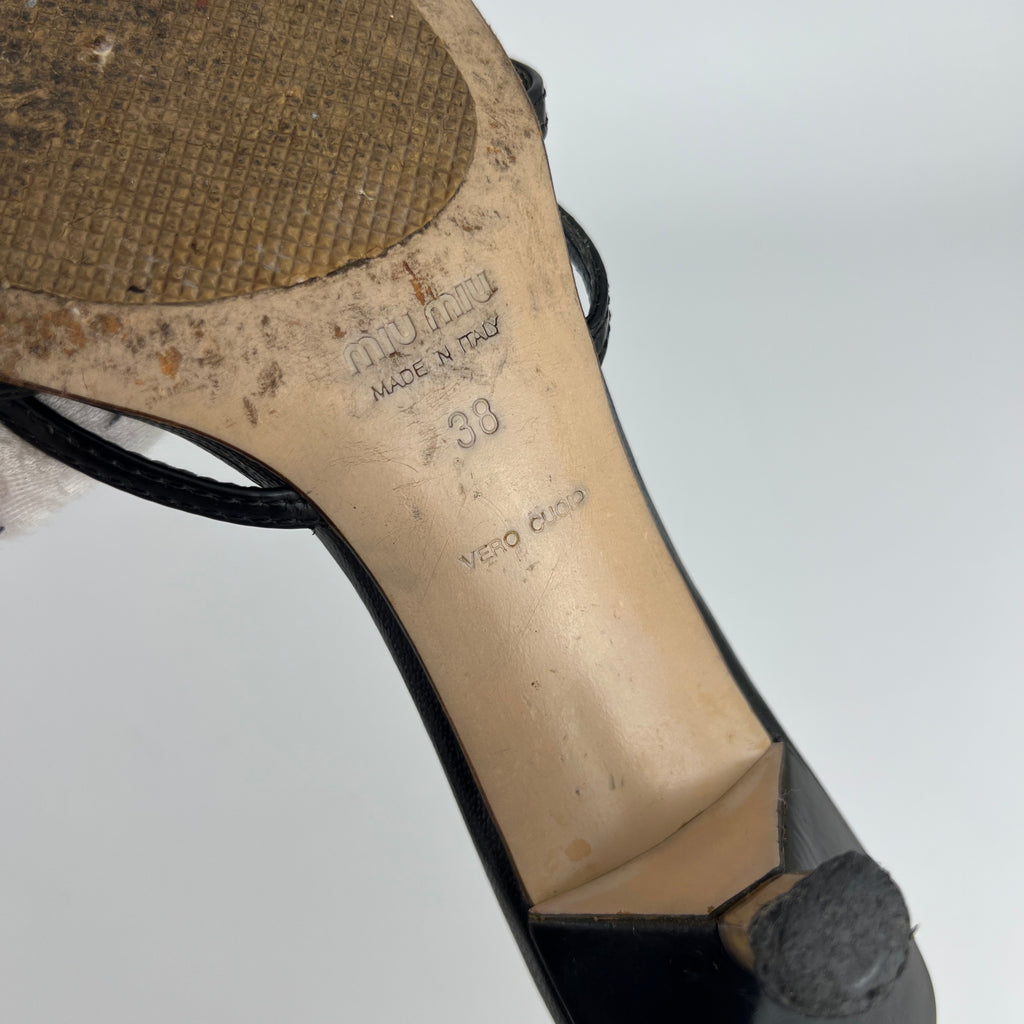 Miu Miu | Black Leather Cross Strap Kitten Heel Slide Mules (38)