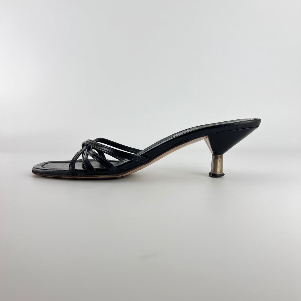 Miu Miu | Black Leather Cross Strap Kitten Heel Slide Mules (38)