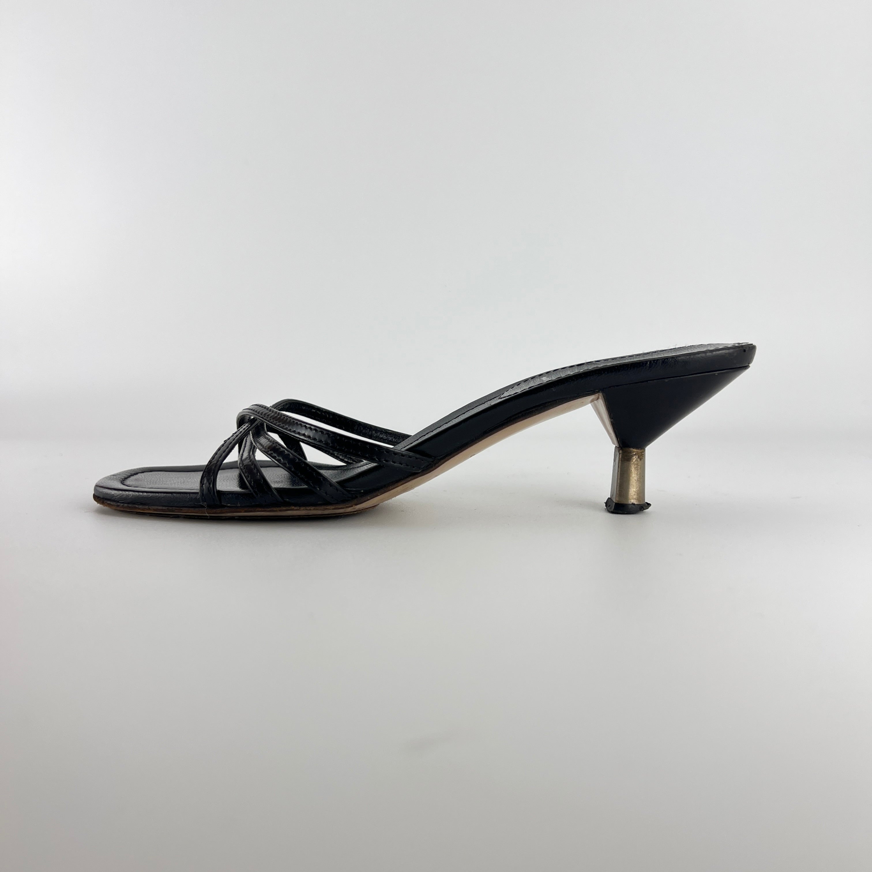 Miu Miu | Black Leather Cross Strap Kitten Heel Slide Mules (38)