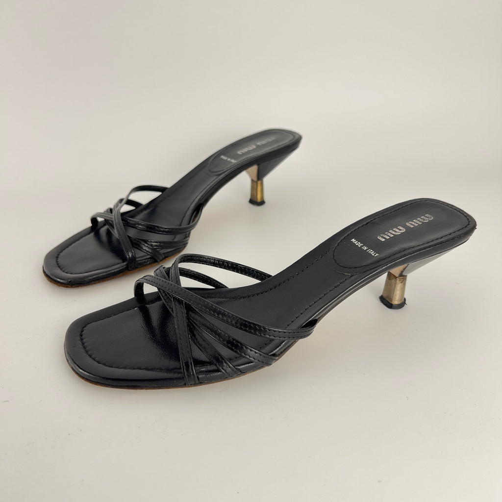 Miu Miu | Black Leather Cross Strap Kitten Heel Slide Mules (38)