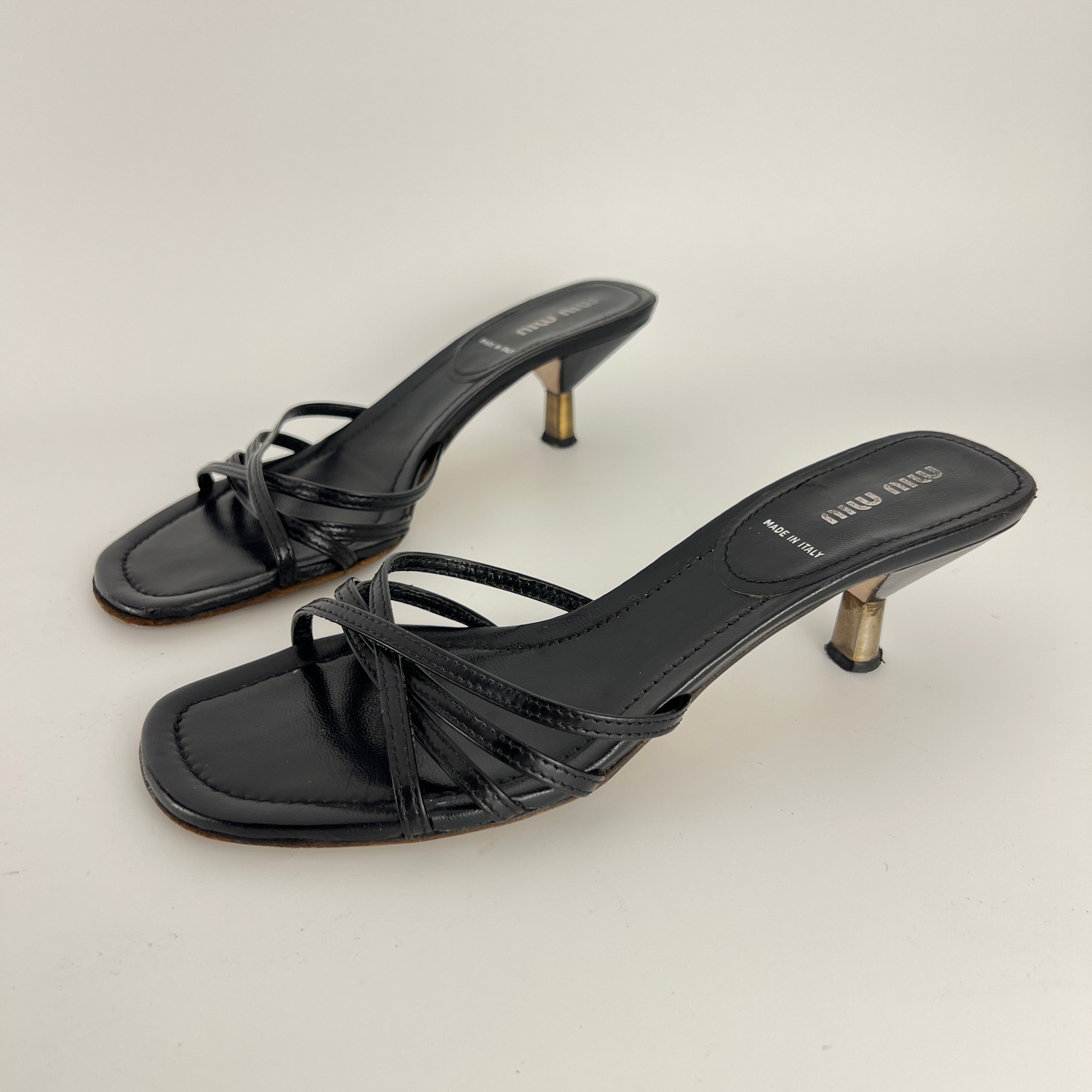 Miu Miu | Black Leather Cross Strap Kitten Heel Slide Mules (38)