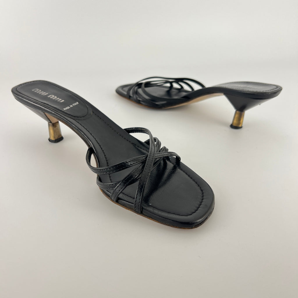 Miu Miu | Black Leather Cross Strap Kitten Heel Slide Mules (38)