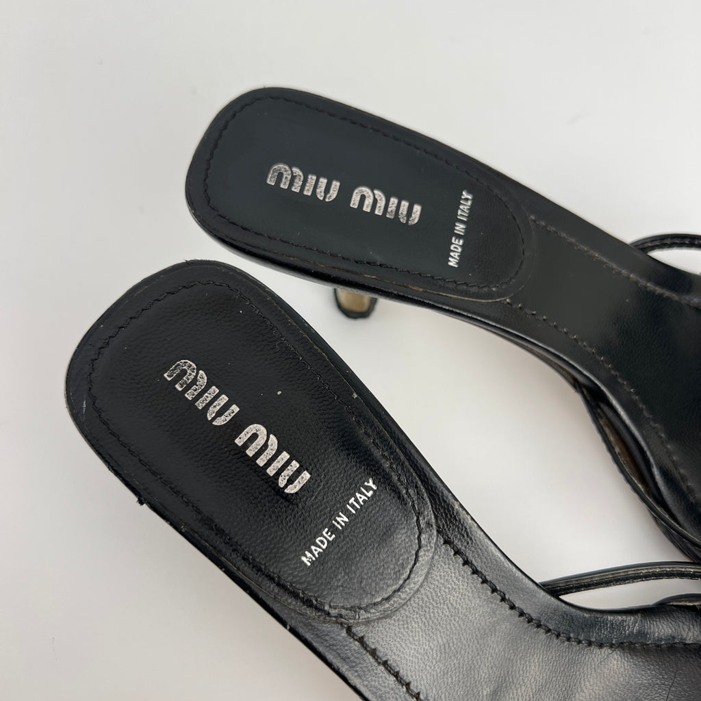 Miu Miu | Black Leather Cross Strap Kitten Heel Slide Mules (38)